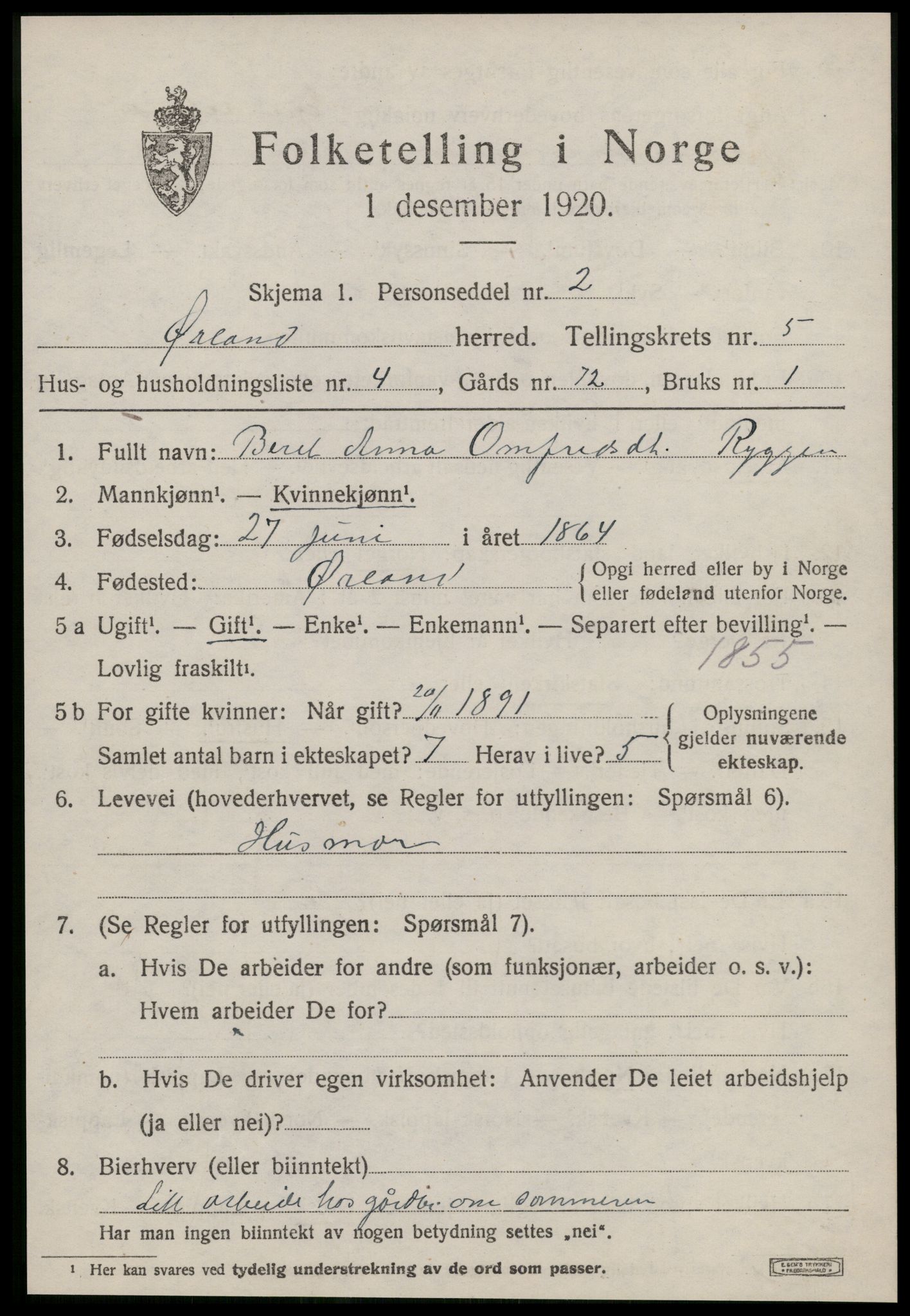 SAT, 1920 census for Ørland, 1920, p. 4513