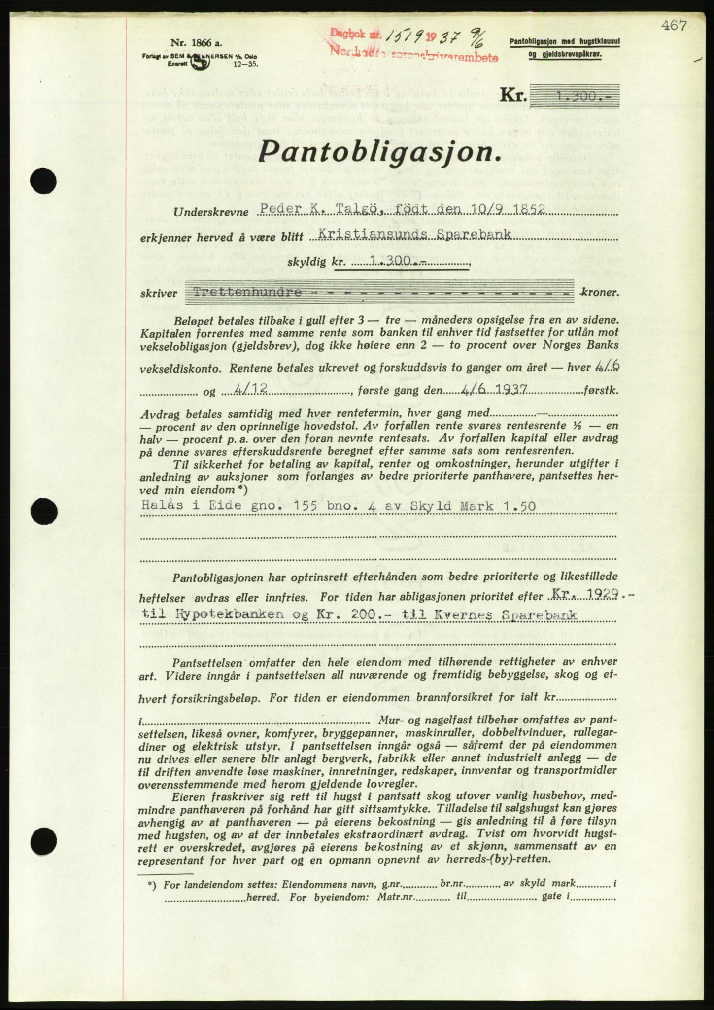 Nordmøre sorenskriveri, AV/SAT-A-4132/1/2/2Ca/L0091: Mortgage book no. B81, 1937-1937, Diary no: : 1519/1937