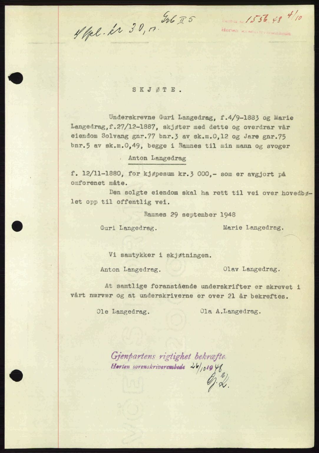 Horten sorenskriveri, AV/SAKO-A-133/G/Ga/Gaa/L0011: Mortgage book no. A-11, 1948-1948, Diary no: : 1556/1948