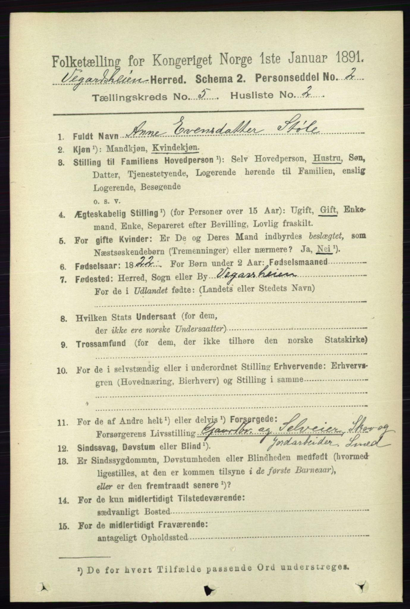 RA, 1891 census for 0912 Vegårshei, 1891, p. 978