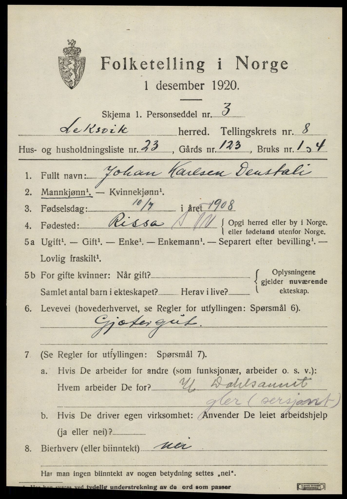 SAT, 1920 census for Leksvik, 1920, p. 6810