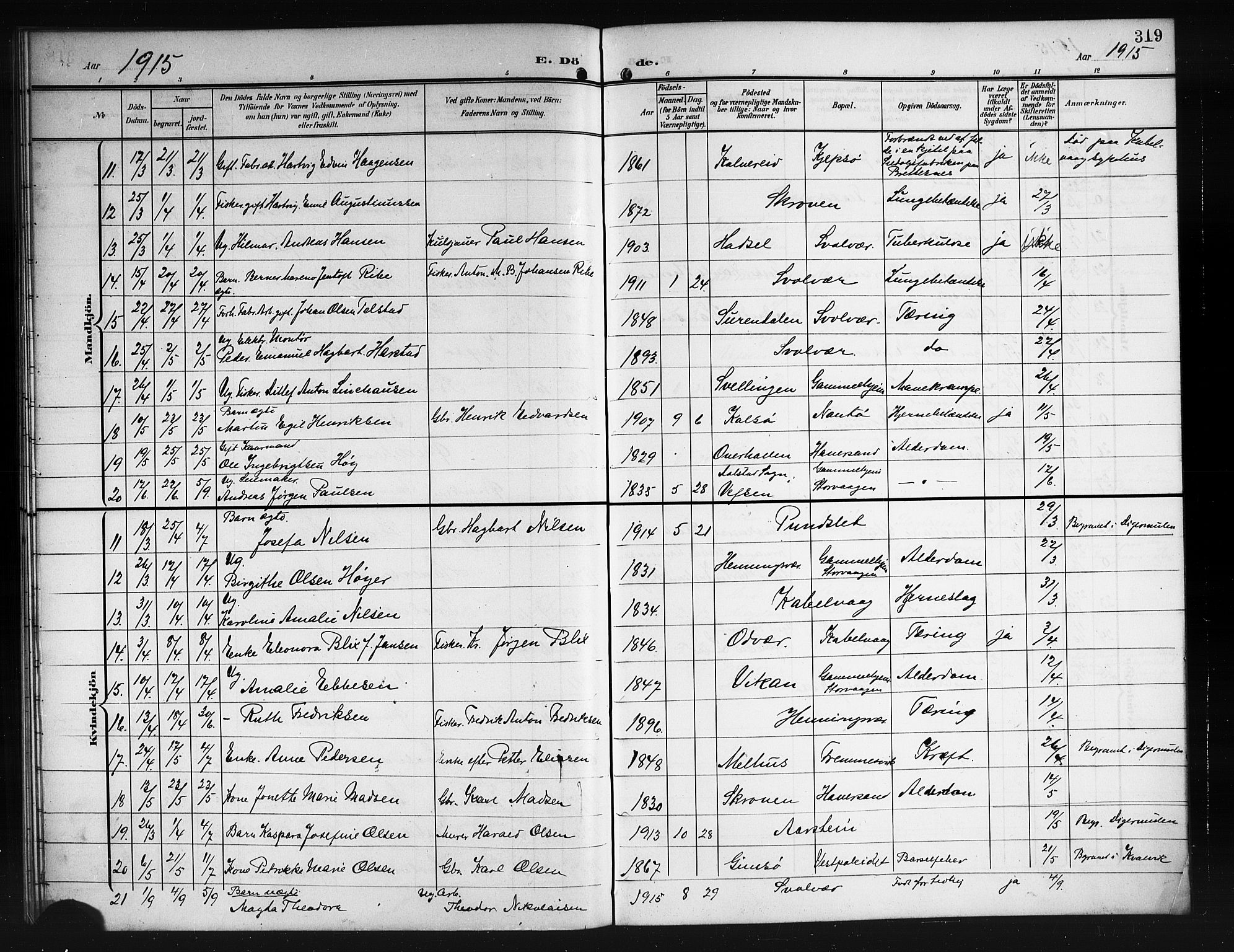 Ministerialprotokoller, klokkerbøker og fødselsregistre - Nordland, SAT/A-1459/874/L1079: Parish register (copy) no. 874C08, 1907-1915, p. 319