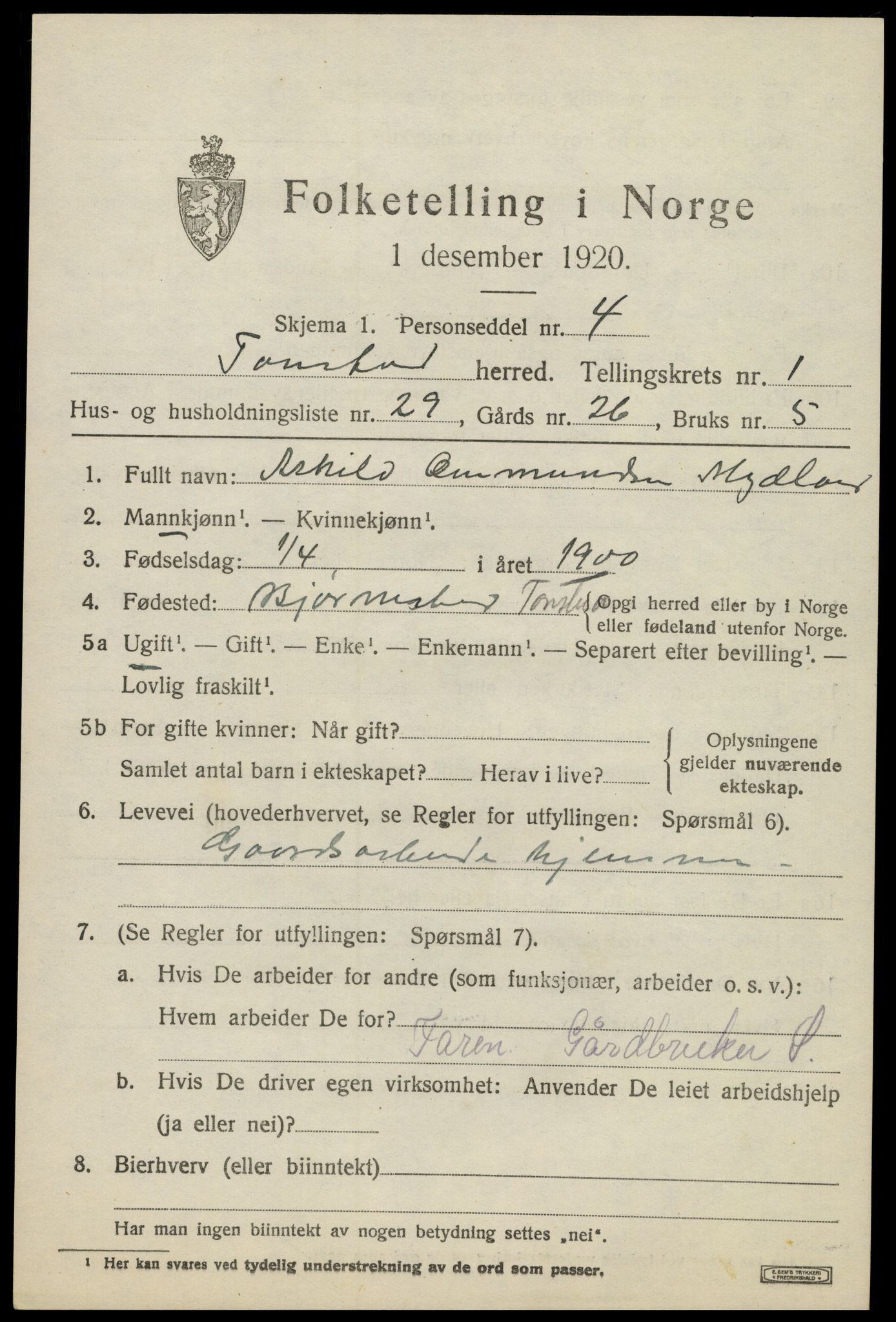 SAK, 1920 census for Tonstad, 1920, p. 714