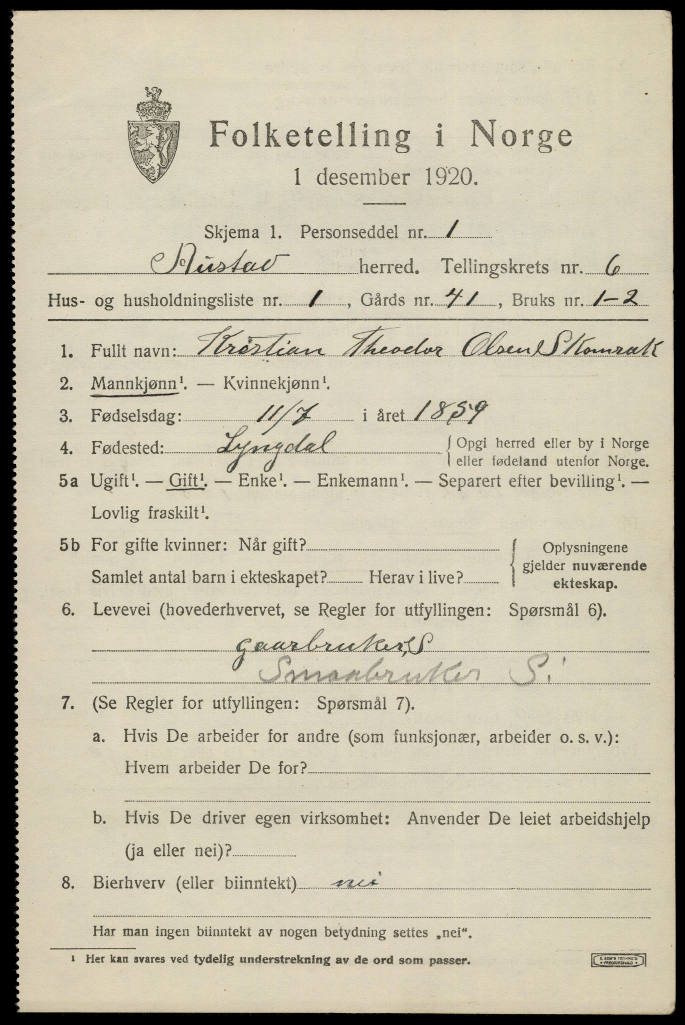 SAK, 1920 census for Austad, 1920, p. 1875