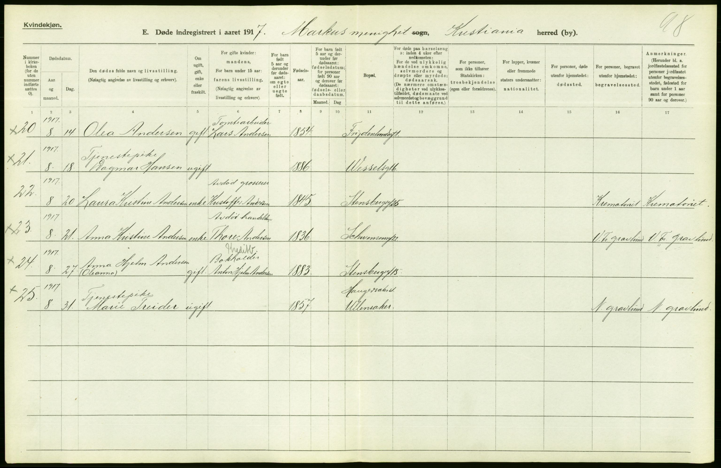 Statistisk sentralbyrå, Sosiodemografiske emner, Befolkning, AV/RA-S-2228/D/Df/Dfb/Dfbg/L0010: Kristiania: Døde, 1917, p. 14