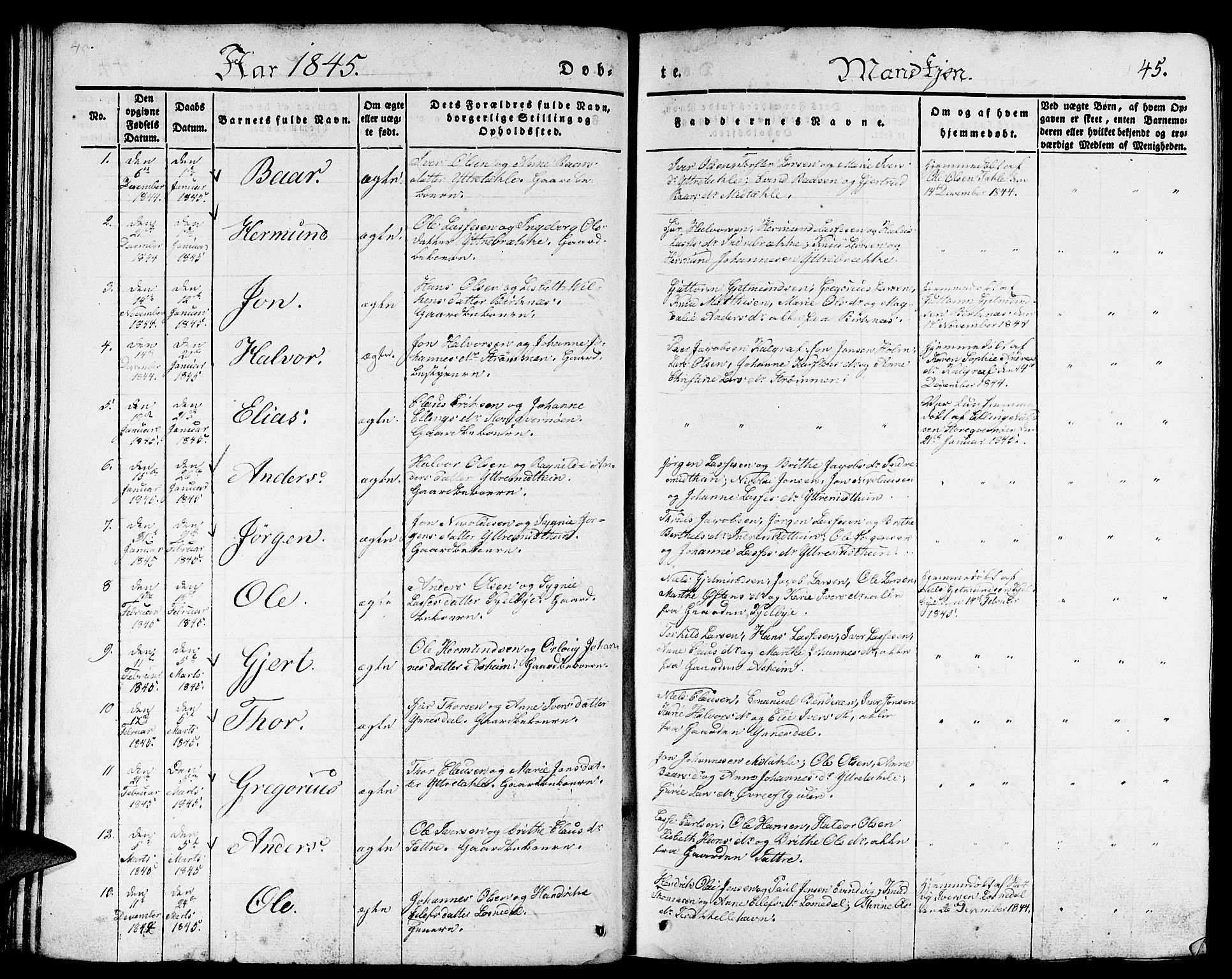 Gulen sokneprestembete, AV/SAB-A-80201/H/Haa/Haaa/L0020: Parish register (official) no. A 20, 1837-1847, p. 45