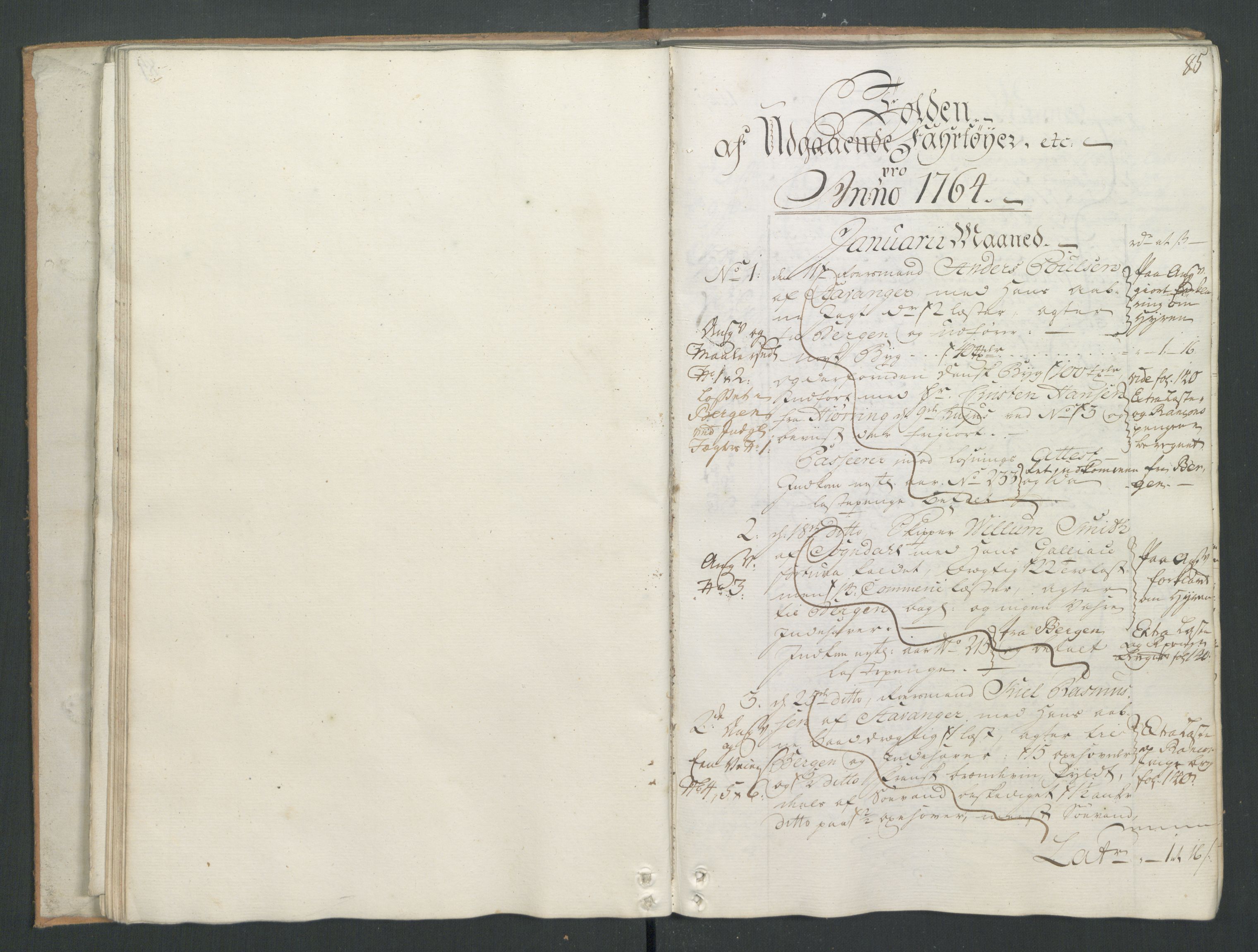 Generaltollkammeret, tollregnskaper, AV/RA-EA-5490/R22/L0026/0001: Tollregnskaper Stavanger / Hovedtollbok, 1764, p. 84b-85a