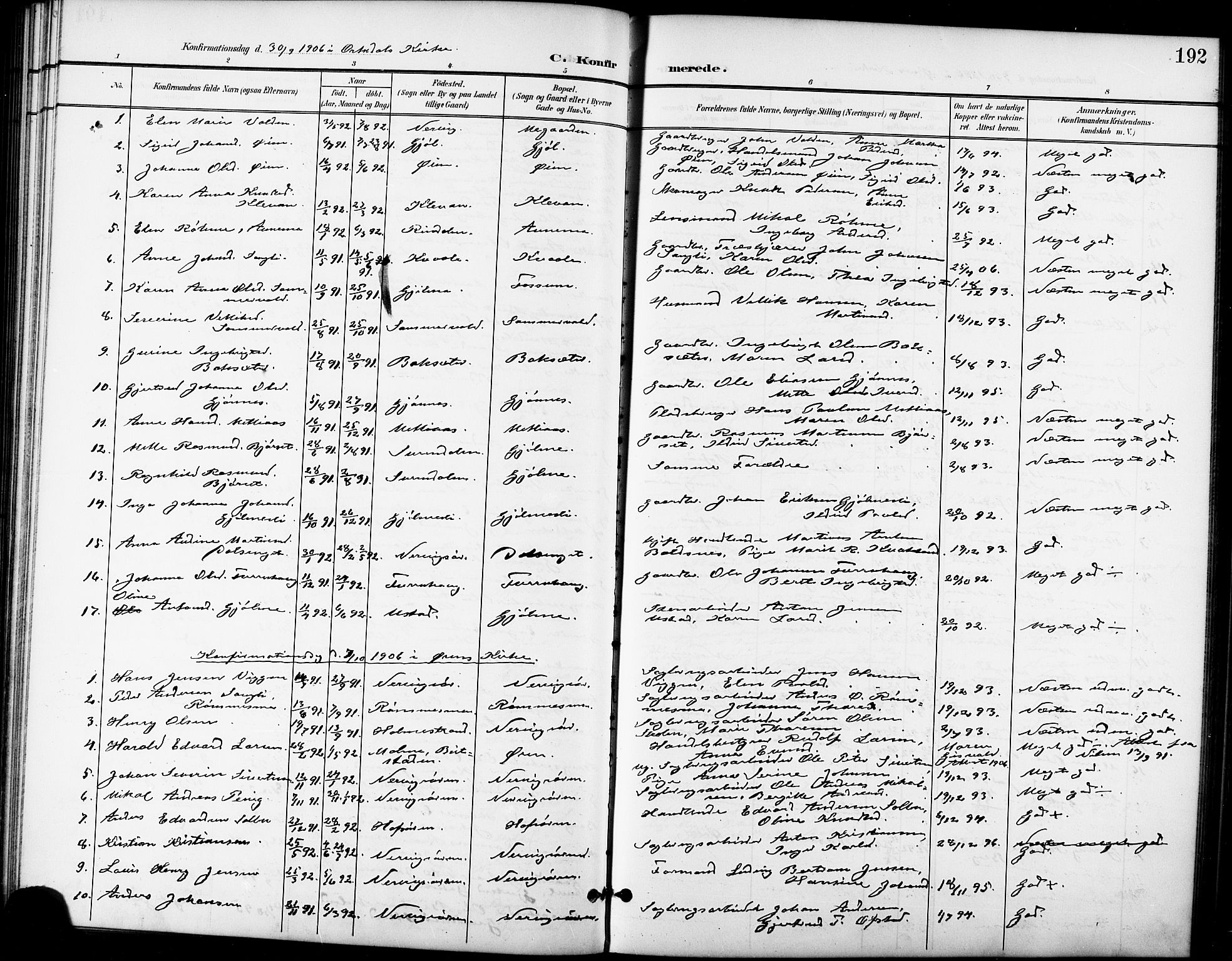 Ministerialprotokoller, klokkerbøker og fødselsregistre - Sør-Trøndelag, SAT/A-1456/668/L0819: Parish register (copy) no. 668C08, 1899-1912, p. 192