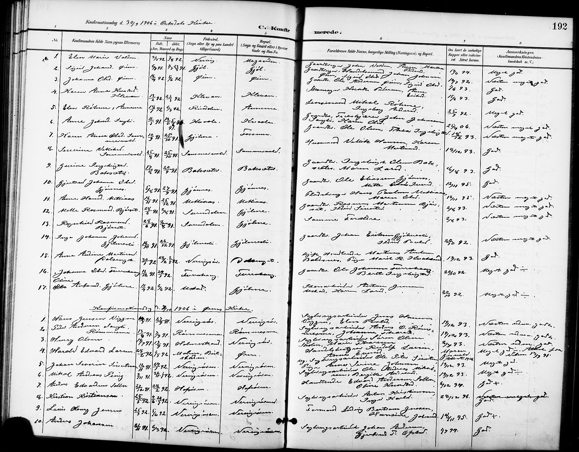 Ministerialprotokoller, klokkerbøker og fødselsregistre - Sør-Trøndelag, AV/SAT-A-1456/668/L0819: Parish register (copy) no. 668C08, 1899-1912, p. 192