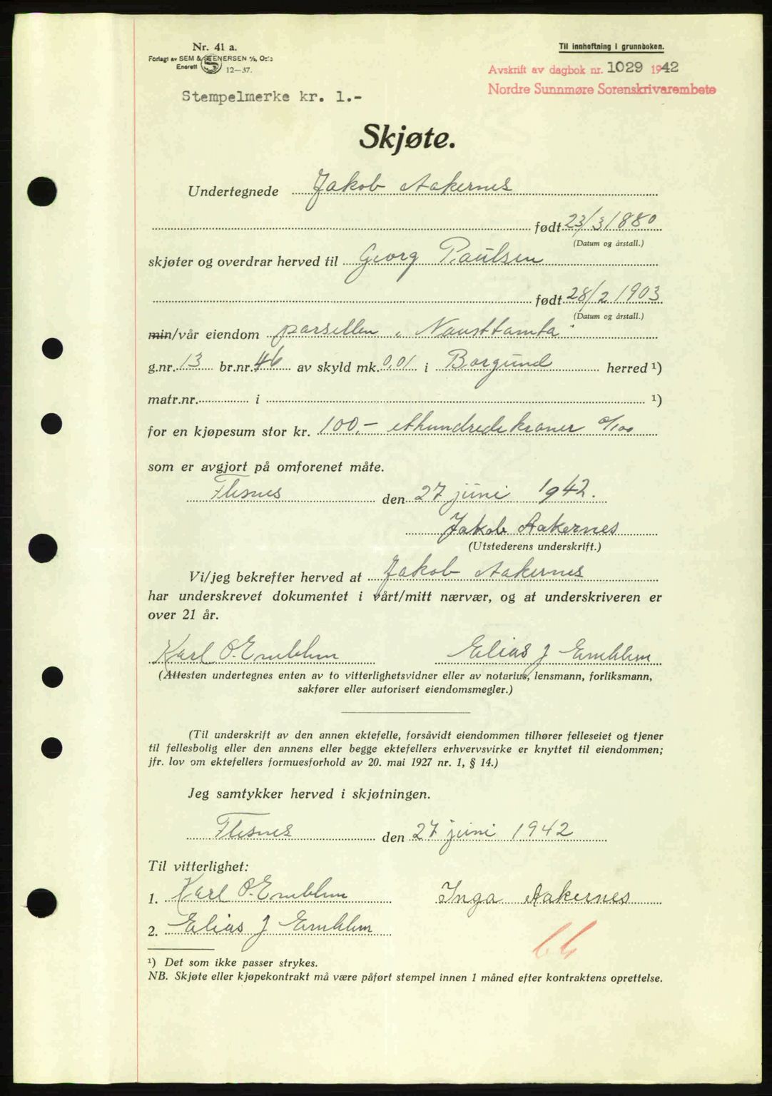 Nordre Sunnmøre sorenskriveri, AV/SAT-A-0006/1/2/2C/2Ca: Mortgage book no. A13, 1942-1942, Diary no: : 1029/1942