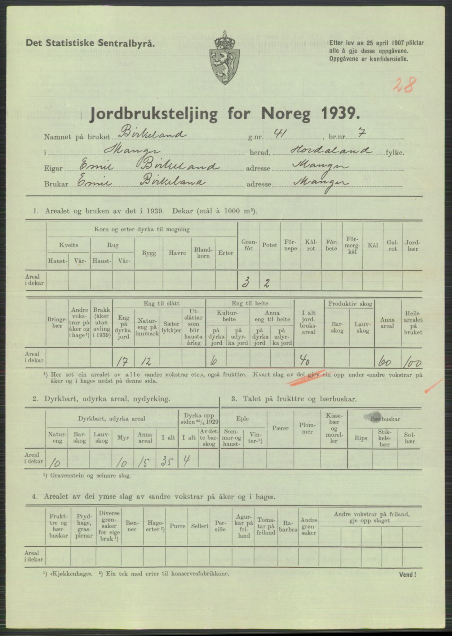 Statistisk sentralbyrå, Næringsøkonomiske emner, Jordbruk, skogbruk, jakt, fiske og fangst, AV/RA-S-2234/G/Gb/L0211: Hordaland: Herdla, Hjelme og Manger, 1939, p. 1637