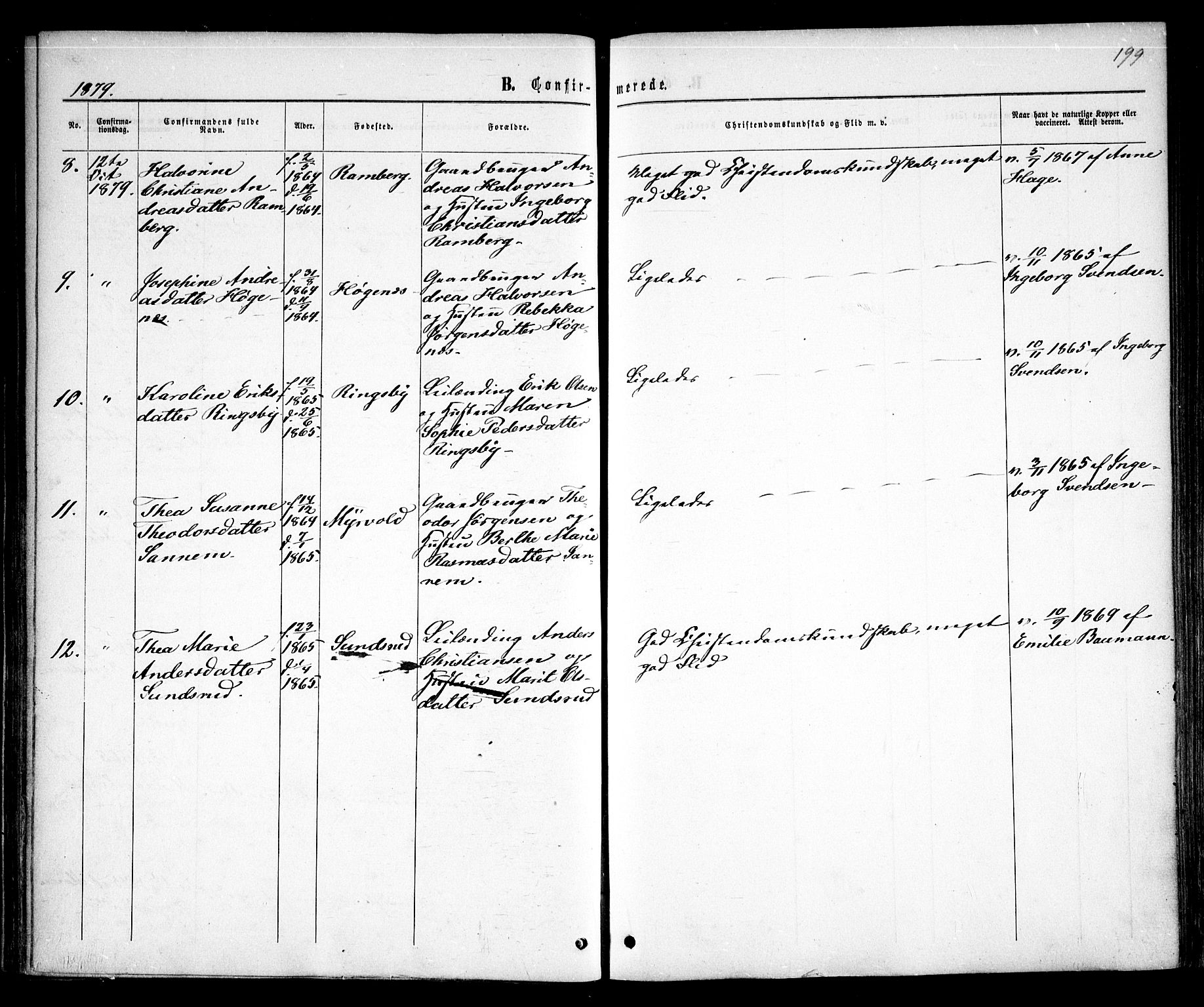 Rødenes prestekontor Kirkebøker, AV/SAO-A-2005/F/Fa/L0008: Parish register (official) no. I 8, 1869-1879, p. 199
