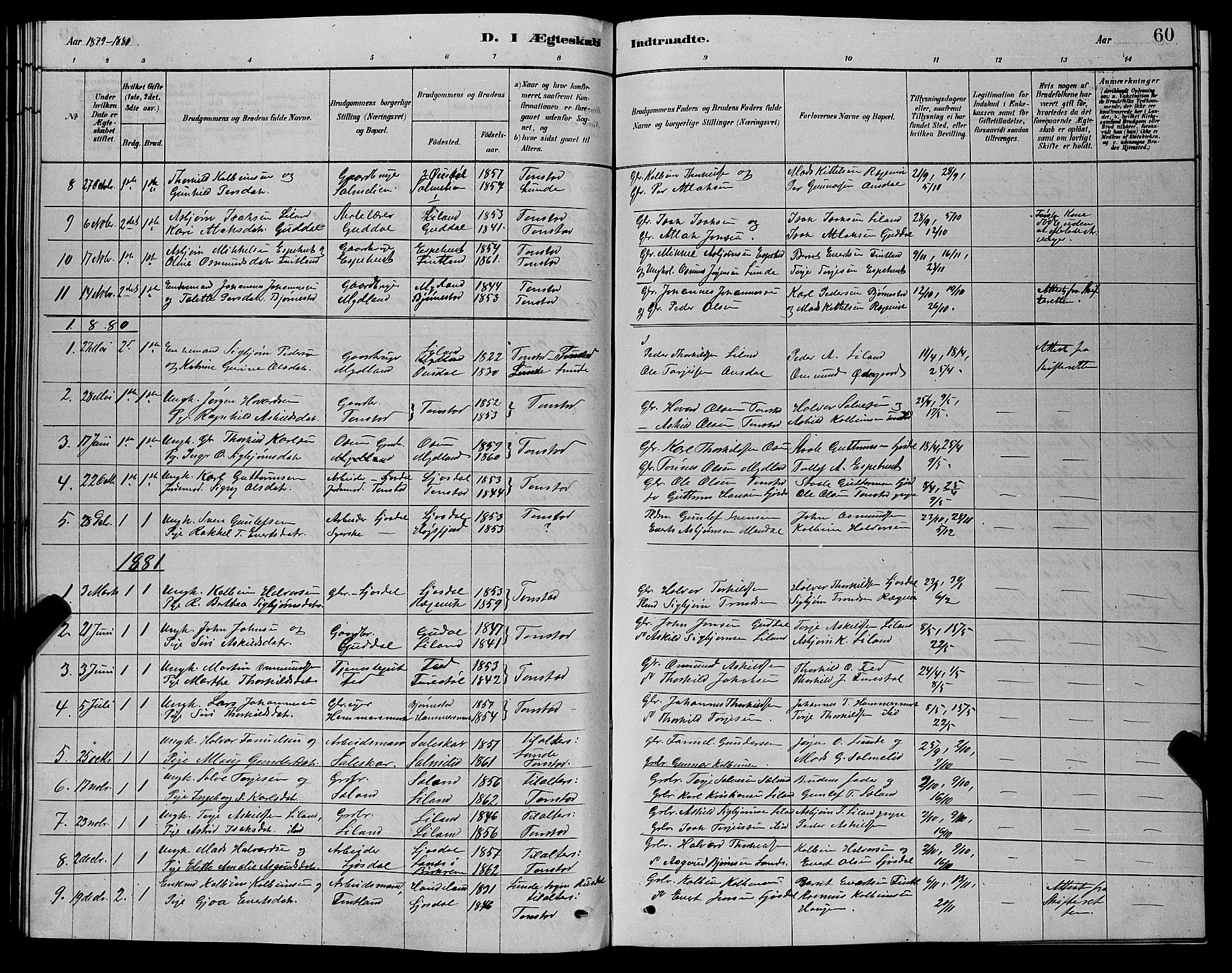 Sirdal sokneprestkontor, AV/SAK-1111-0036/F/Fb/Fbb/L0003: Parish register (copy) no. B 3, 1878-1894, p. 60