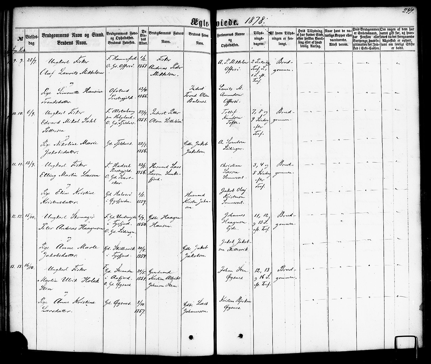 Ministerialprotokoller, klokkerbøker og fødselsregistre - Nordland, AV/SAT-A-1459/872/L1034: Parish register (official) no. 872A09, 1864-1884, p. 249