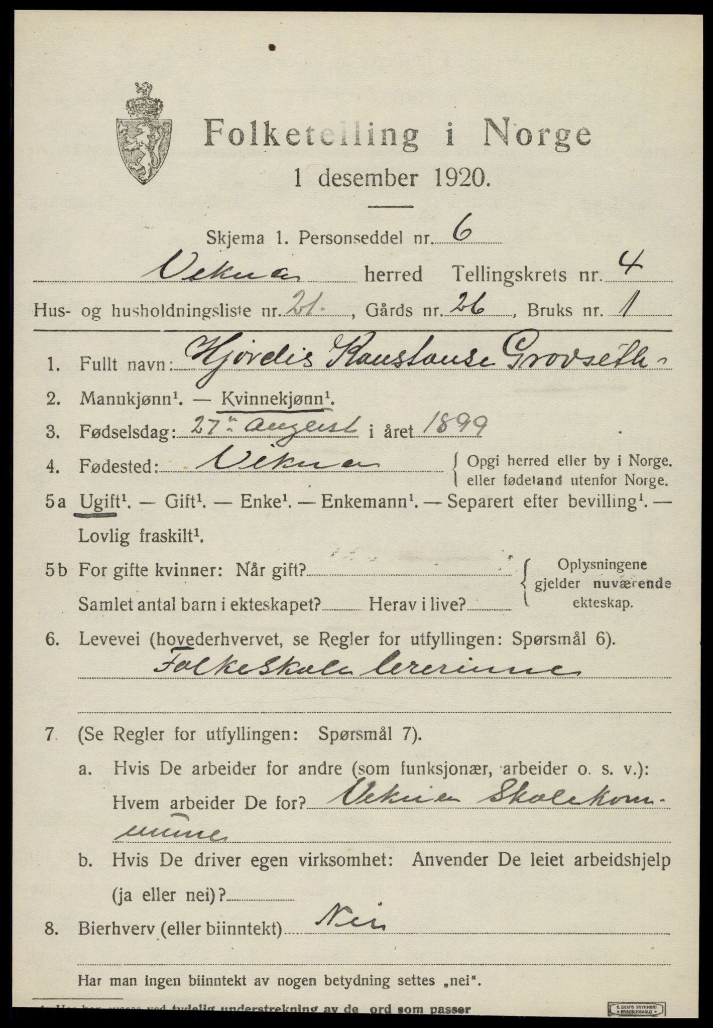 SAT, 1920 census for Vikna, 1920, p. 4383