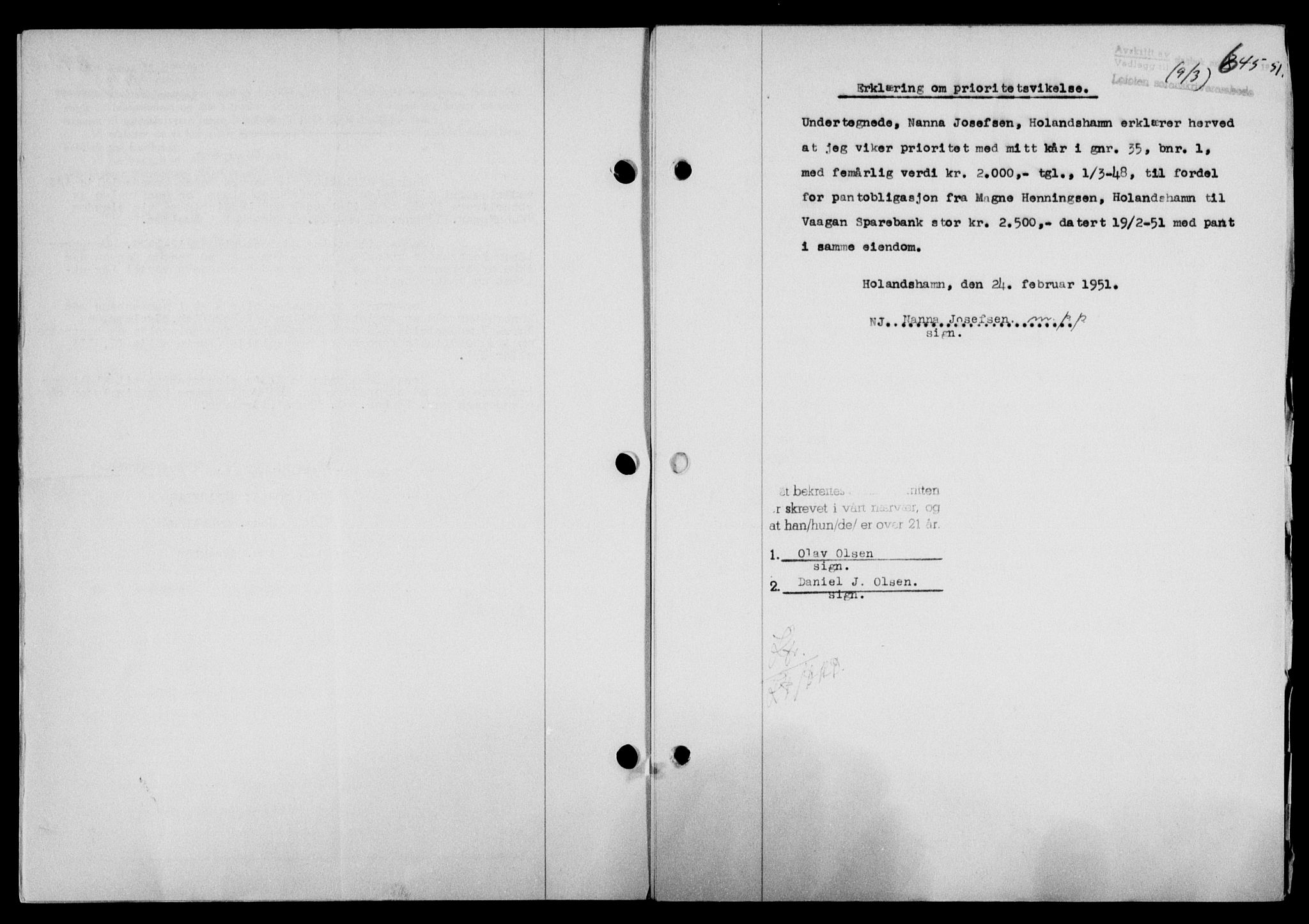 Lofoten sorenskriveri, SAT/A-0017/1/2/2C/L0025a: Mortgage book no. 25a, 1950-1951, Diary no: : 645/1951