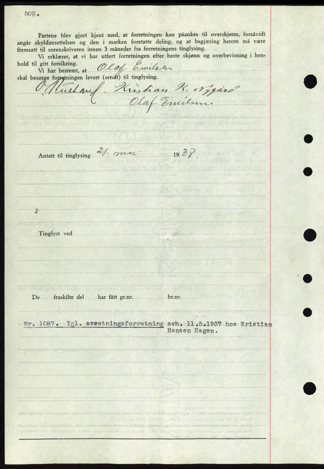 Eiker, Modum og Sigdal sorenskriveri, SAKO/A-123/G/Ga/Gab/L0035: Mortgage book no. A5, 1937-1937, Diary no: : 1087/1937