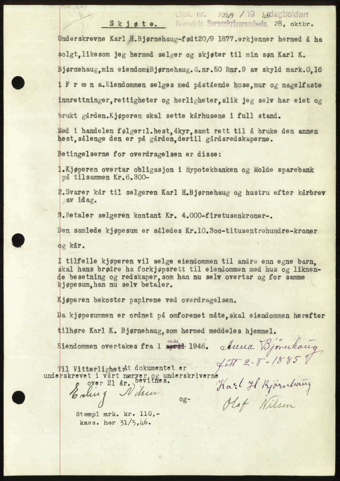 Romsdal sorenskriveri, AV/SAT-A-4149/1/2/2C: Mortgage book no. A21, 1946-1946, Diary no: : 2249/1946