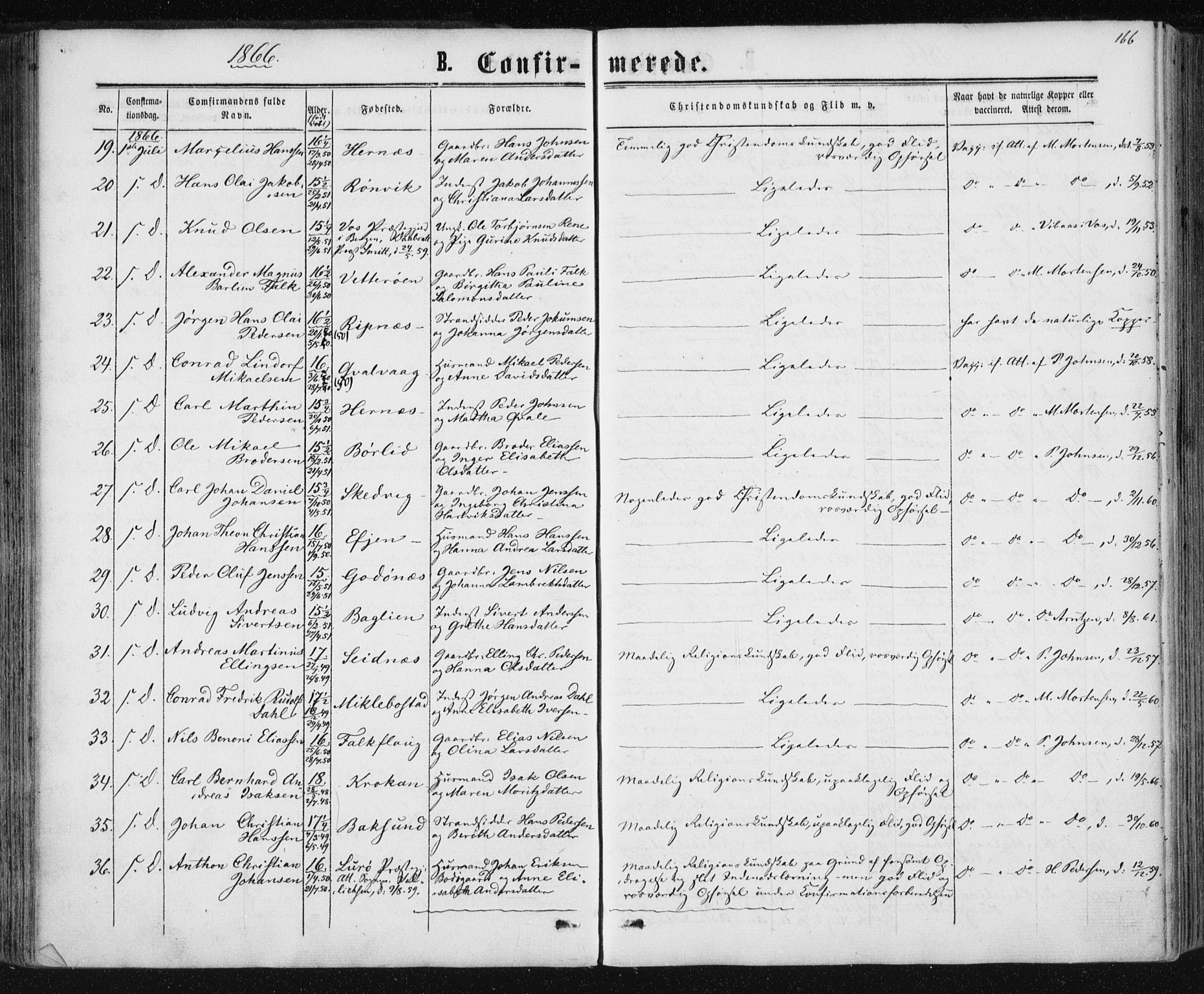 Ministerialprotokoller, klokkerbøker og fødselsregistre - Nordland, SAT/A-1459/801/L0008: Parish register (official) no. 801A08, 1864-1875, p. 166