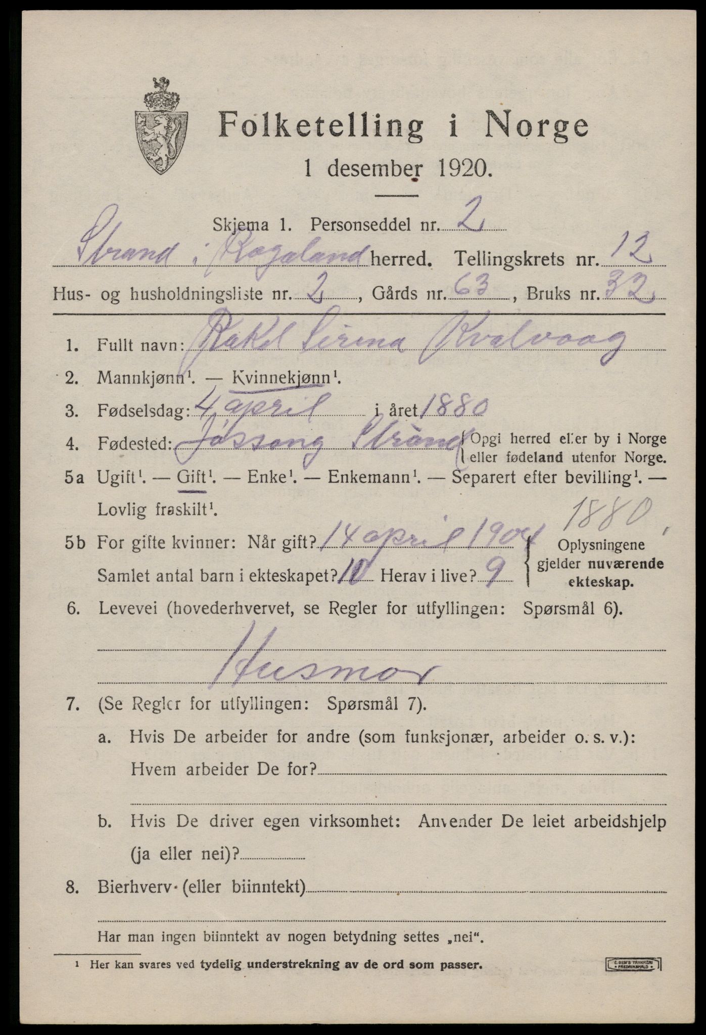 SAST, 1920 census for Strand, 1920, p. 7187