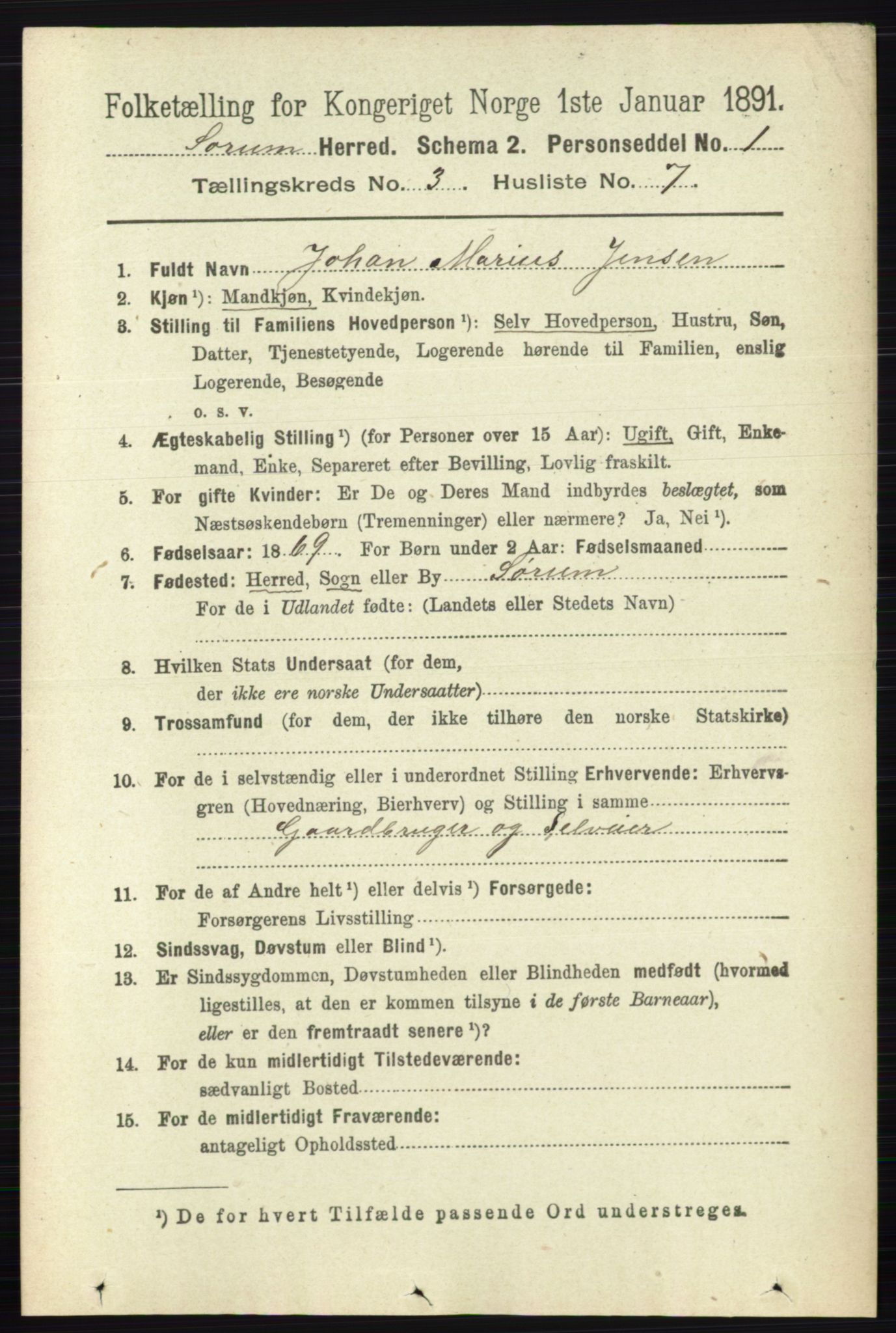 RA, 1891 census for 0226 Sørum, 1891, p. 1327