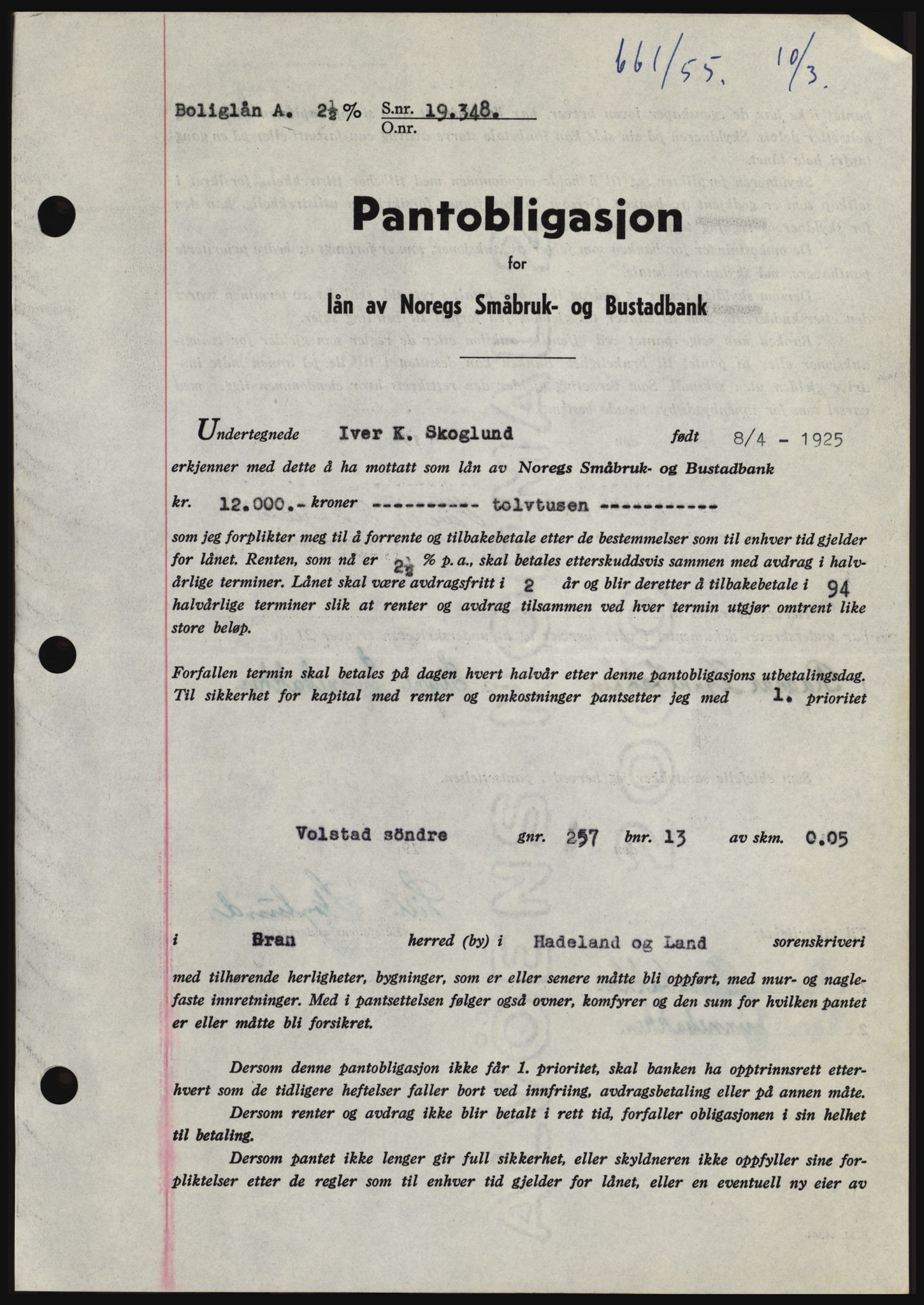 Hadeland og Land tingrett, AV/SAH-TING-010/H/Hb/Hbc/L0031: Mortgage book no. B31, 1954-1955, Diary no: : 661/1955