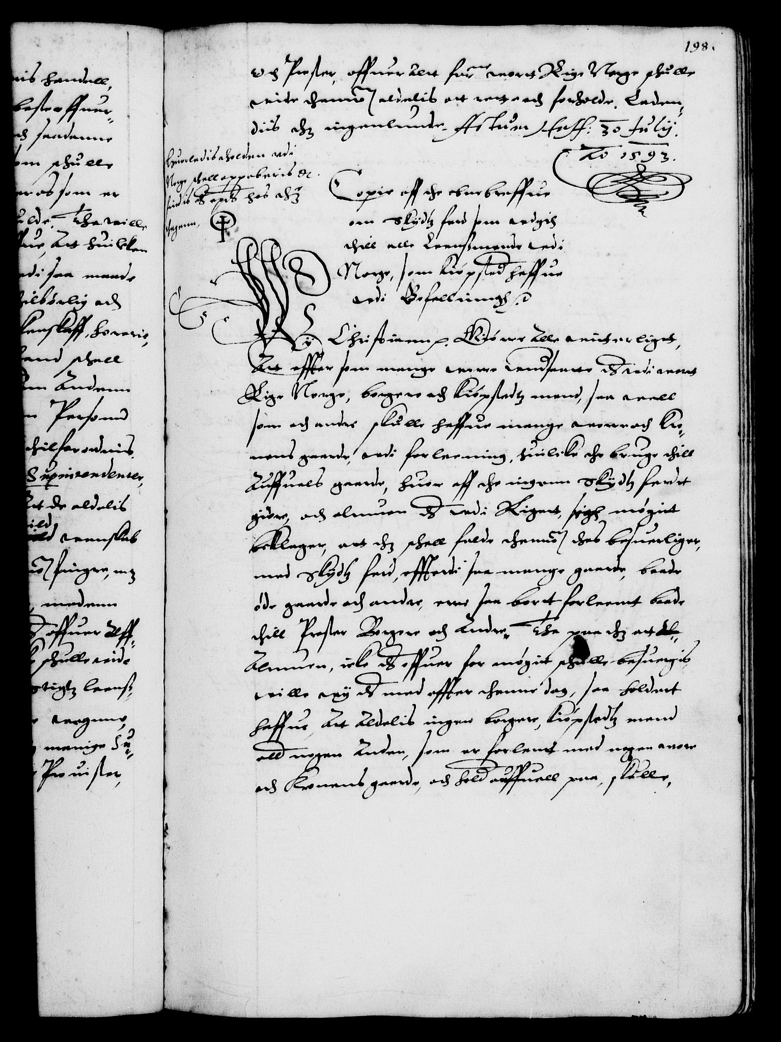 Danske Kanselli 1572-1799, RA/EA-3023/F/Fc/Fca/Fcaa/L0002: Norske registre (mikrofilm), 1588-1596, p. 198a