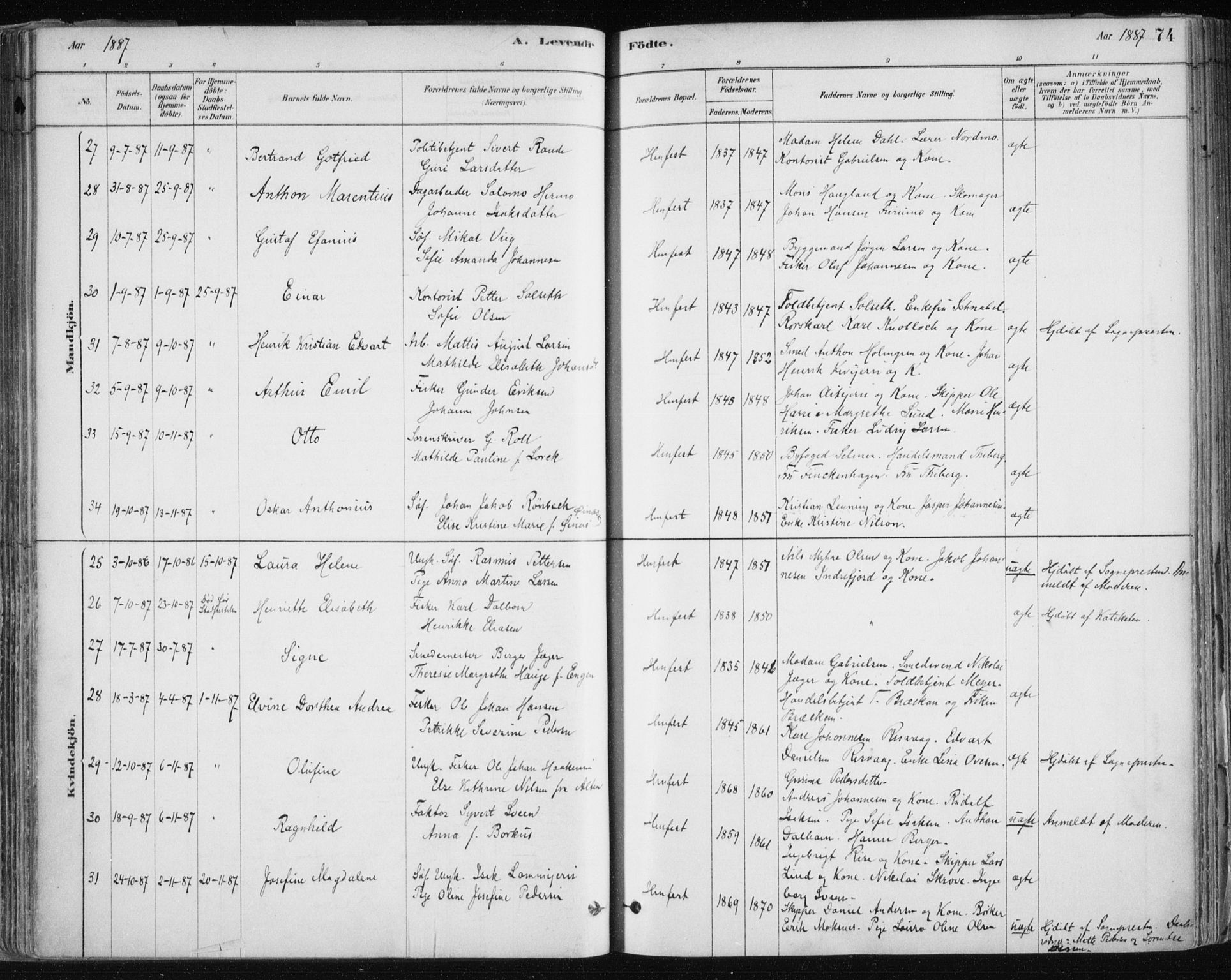 Hammerfest sokneprestkontor, AV/SATØ-S-1347/H/Ha/L0008.kirke: Parish register (official) no. 8, 1878-1889, p. 74