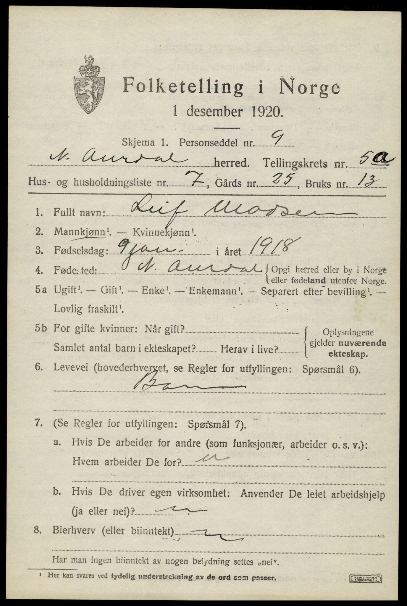 SAH, 1920 census for Nord-Aurdal, 1920, p. 4756