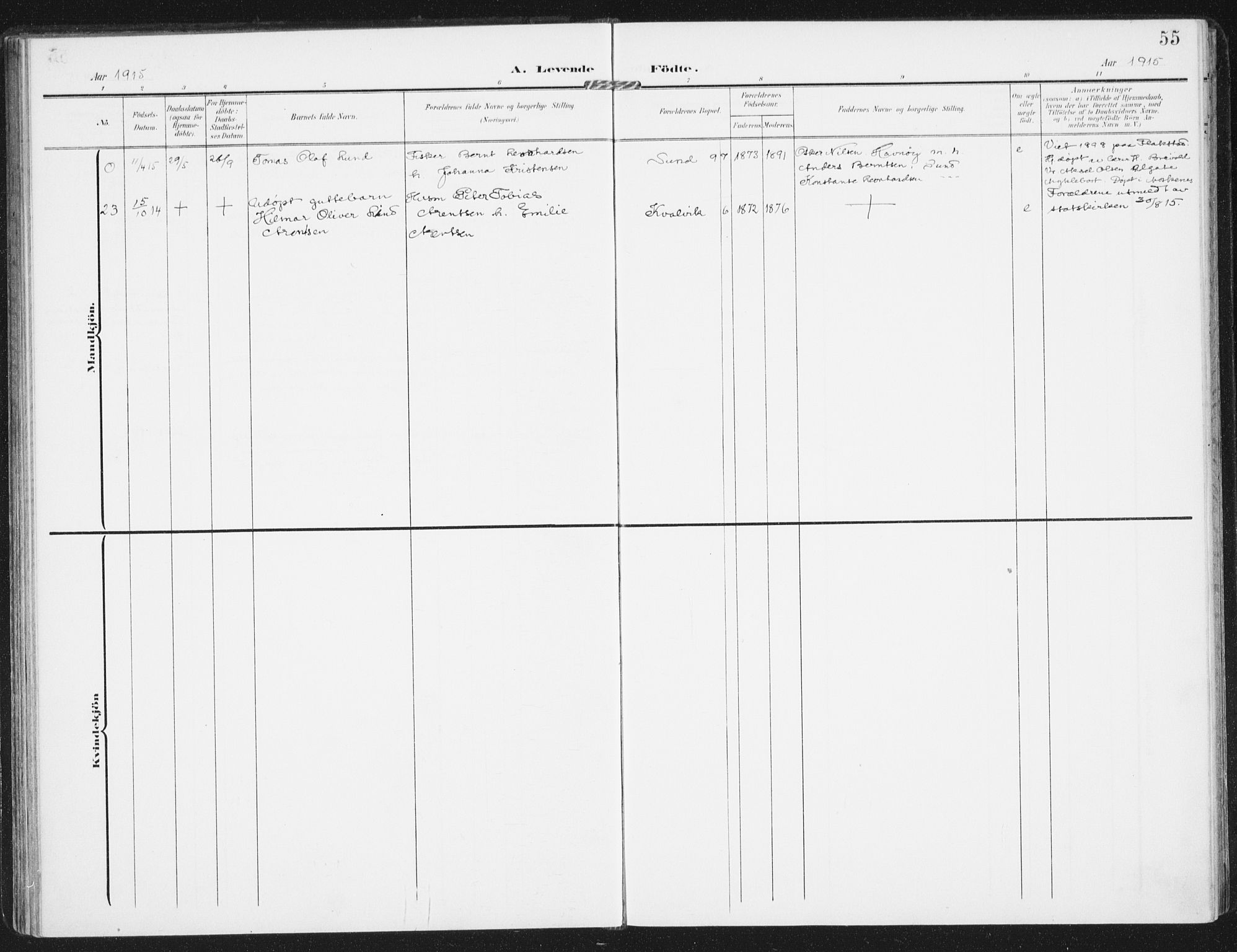 Ministerialprotokoller, klokkerbøker og fødselsregistre - Nordland, SAT/A-1459/885/L1206: Parish register (official) no. 885A07, 1905-1915, p. 55