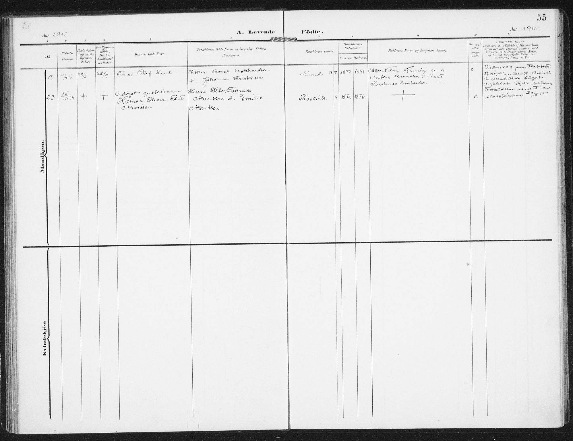 Ministerialprotokoller, klokkerbøker og fødselsregistre - Nordland, AV/SAT-A-1459/885/L1206: Parish register (official) no. 885A07, 1905-1915, p. 55