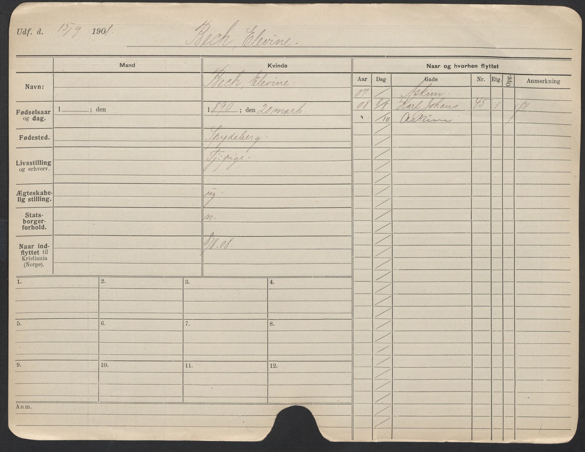 Oslo folkeregister, Registerkort, AV/SAO-A-11715/F/Fa/Fac/L0013: Kvinner, 1906-1914, p. 6a