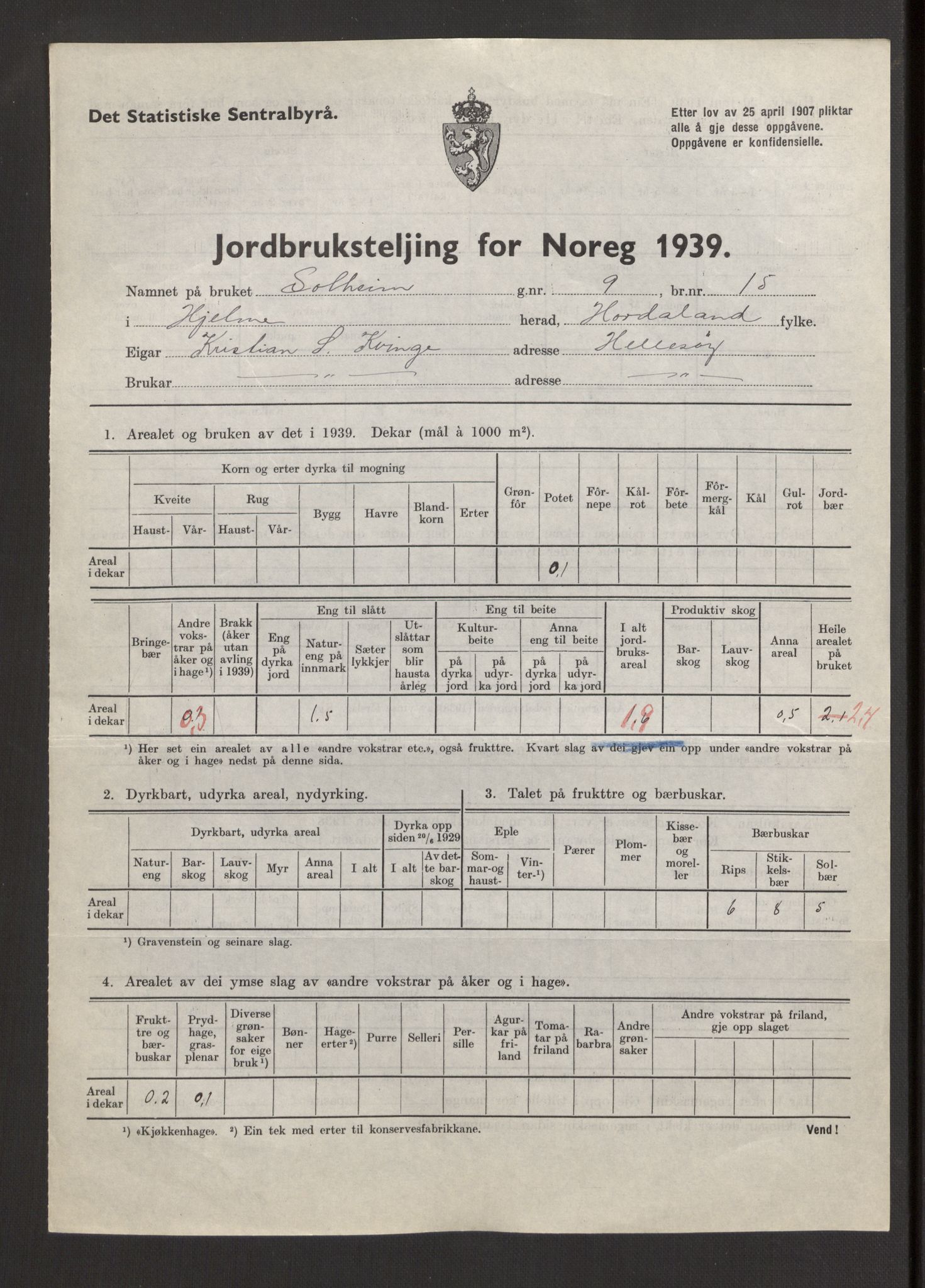 Statistisk sentralbyrå, Næringsøkonomiske emner, Jordbruk, skogbruk, jakt, fiske og fangst, AV/RA-S-2234/G/Gb/L0211: Hordaland: Herdla, Hjelme og Manger, 1939, p. 1149