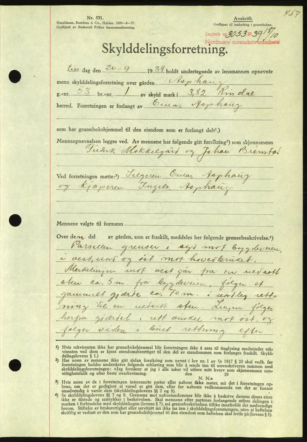 Nordmøre sorenskriveri, AV/SAT-A-4132/1/2/2Ca: Mortgage book no. A87, 1939-1940, Diary no: : 3053/1939