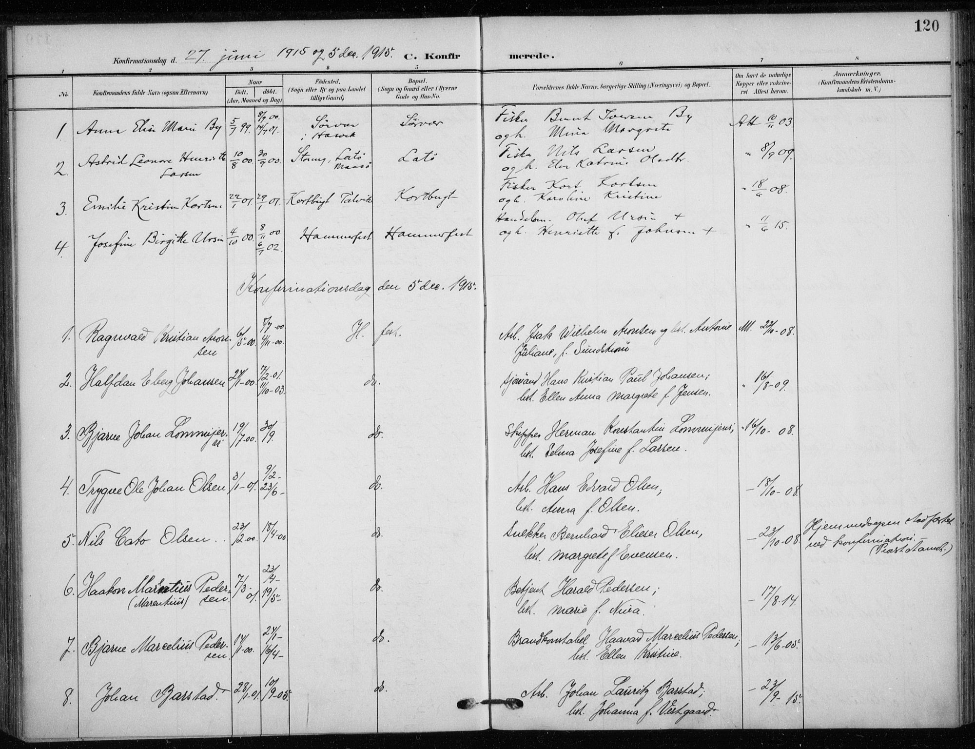 Hammerfest sokneprestkontor, AV/SATØ-S-1347/H/Ha/L0014.kirke: Parish register (official) no. 14, 1906-1916, p. 120