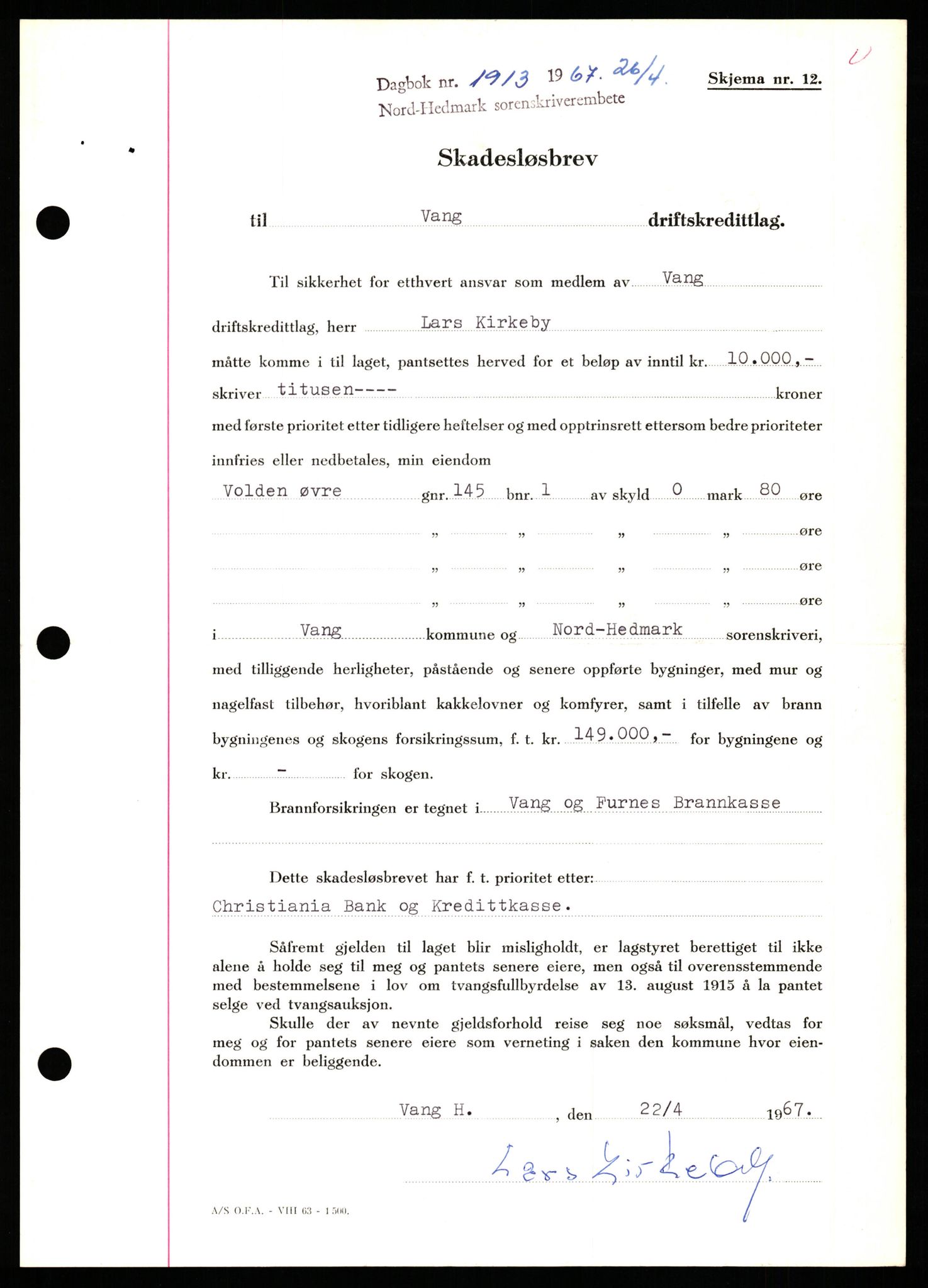 Nord-Hedmark sorenskriveri, SAH/TING-012/H/Hb/Hbf/L0071: Mortgage book no. B71, 1967-1967, Diary no: : 1913/1967