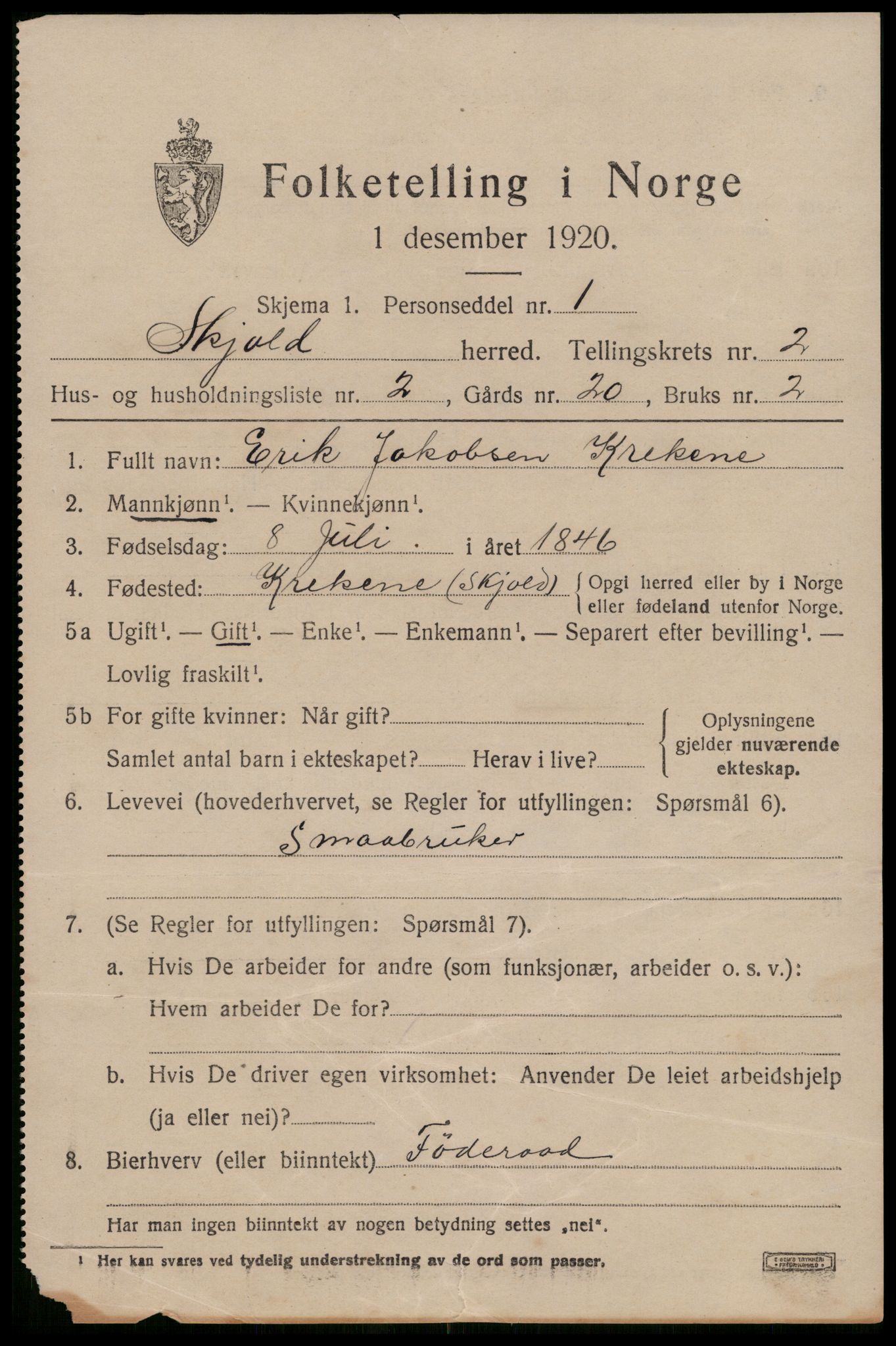 SAST, 1920 census for Skjold, 1920, p. 1694