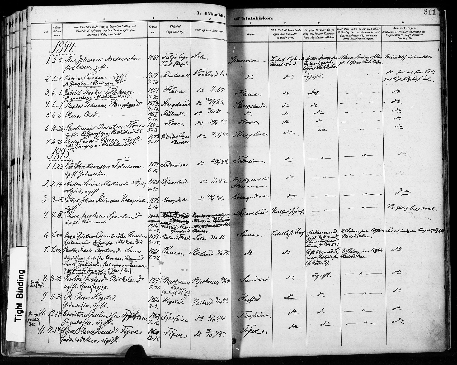 Høyland sokneprestkontor, SAST/A-101799/001/30BA/L0013: Parish register (official) no. A 13.2, 1889-1898, p. 311
