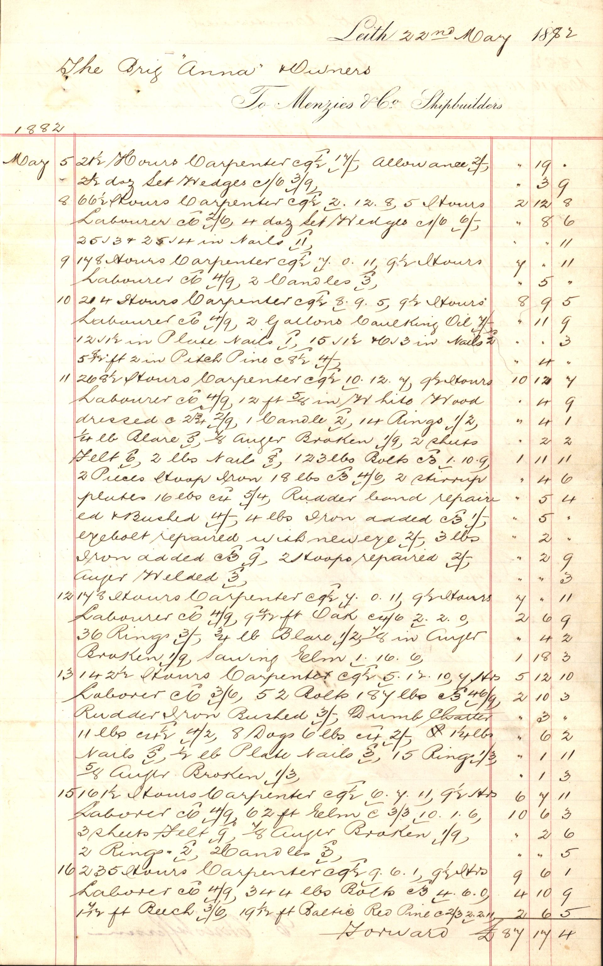 Pa 63 - Østlandske skibsassuranceforening, VEMU/A-1079/G/Ga/L0014/0012: Havaridokumenter / Sophie, Andover, Alliance, Anna, 1882, p. 79