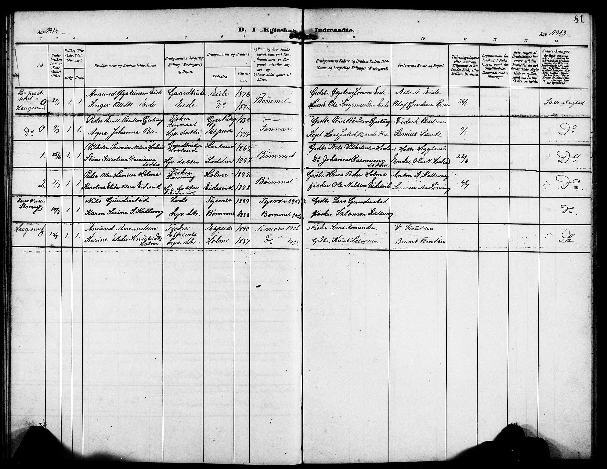 Finnås sokneprestembete, AV/SAB-A-99925/H/Ha/Hab/Habc/L0003: Parish register (copy) no. C 3, 1907-1917, p. 81