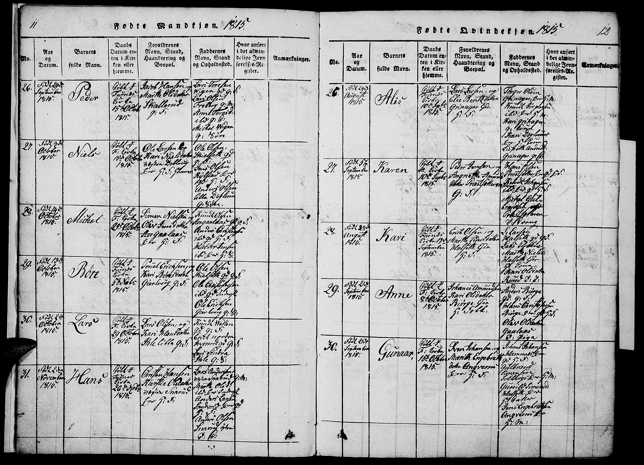 Vang prestekontor, Hedmark, AV/SAH-PREST-008/H/Ha/Haa/L0008: Parish register (official) no. 8, 1815-1826, p. 11-12