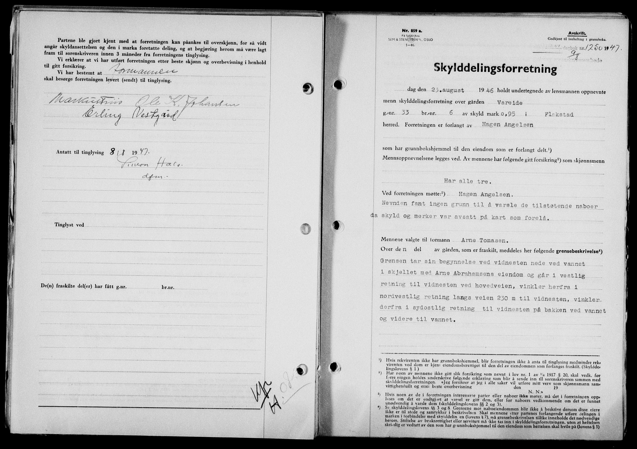 Lofoten sorenskriveri, SAT/A-0017/1/2/2C/L0016a: Mortgage book no. 16a, 1947-1947, Diary no: : 1250/1947