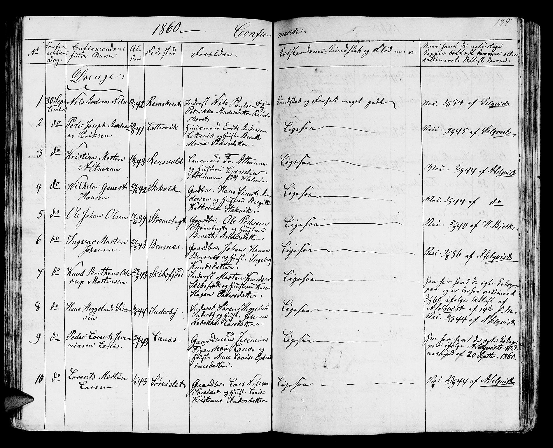 Karlsøy sokneprestembete, SATØ/S-1299/H/Ha/Hab/L0002klokker: Parish register (copy) no. 2, 1843-1861, p. 139