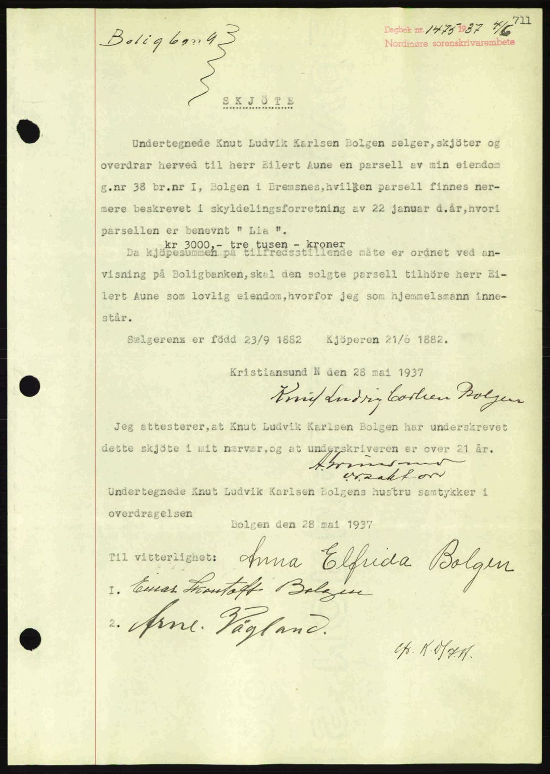 Nordmøre sorenskriveri, AV/SAT-A-4132/1/2/2Ca: Mortgage book no. A81, 1937-1937, Diary no: : 1475/1937