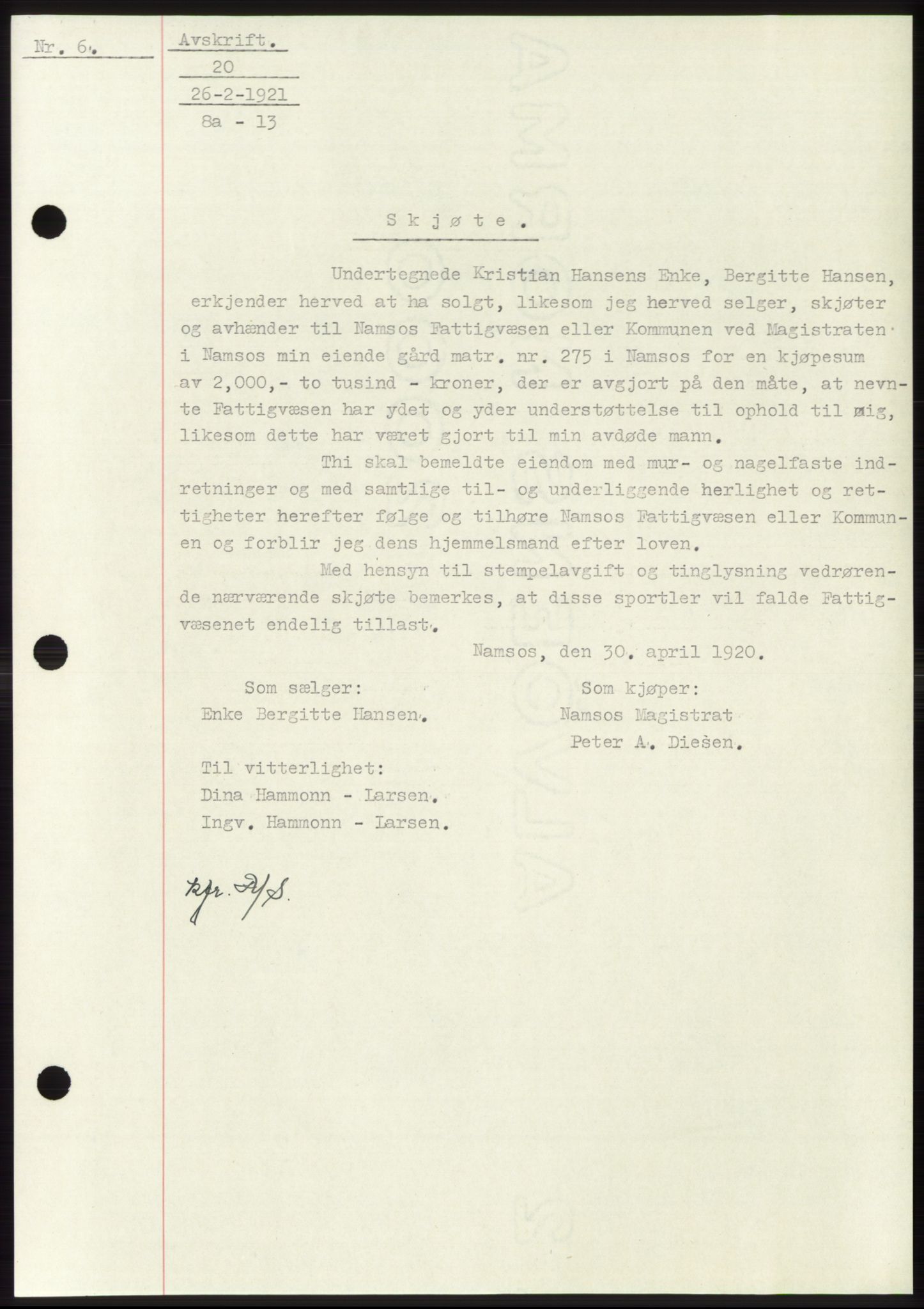 Namdal sorenskriveri, SAT/A-4133/1/2/2C: Mortgage book no. -, 1916-1921, Deed date: 26.02.1921