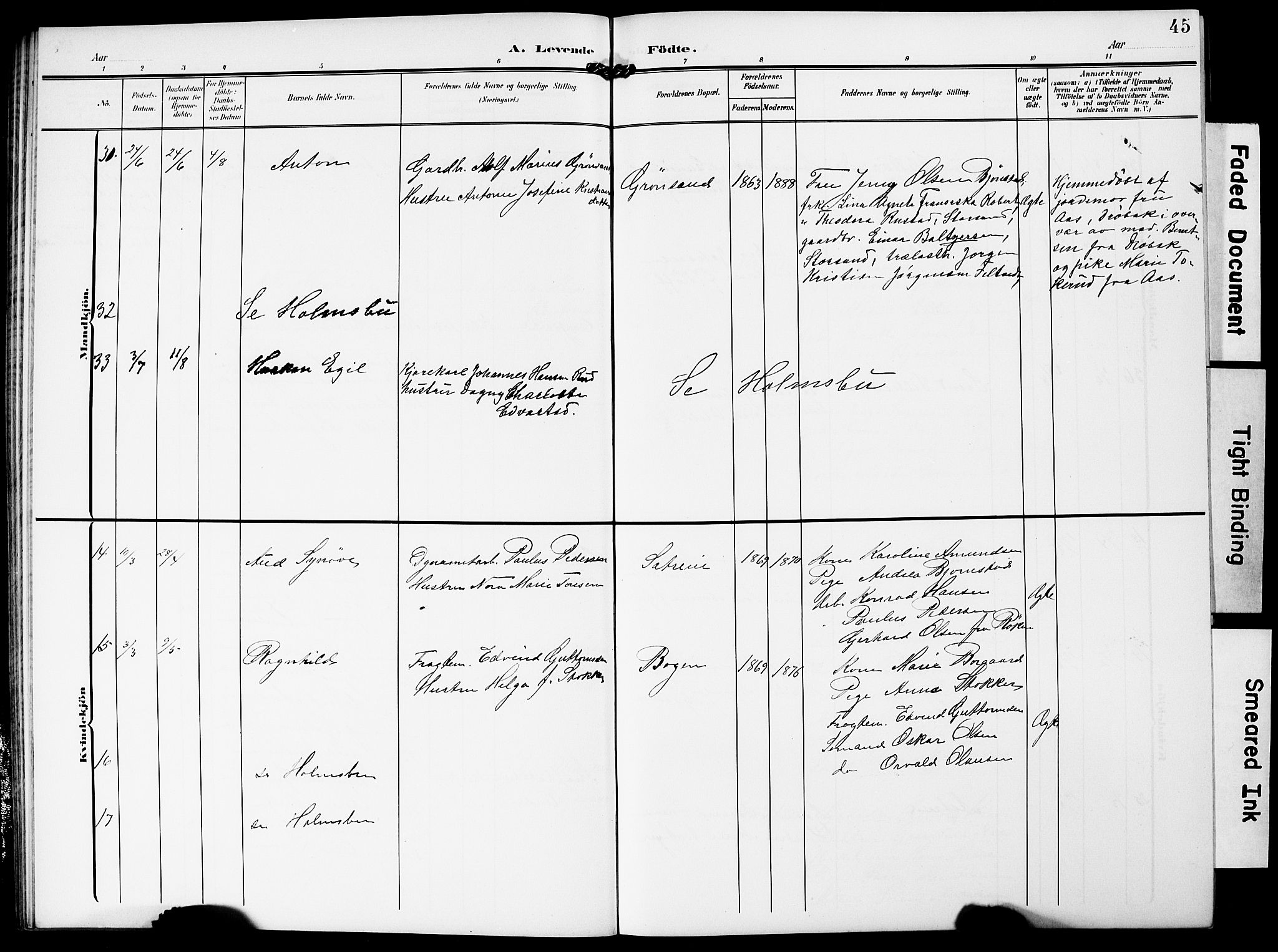 Hurum kirkebøker, AV/SAKO-A-229/G/Ga/L0004: Parish register (copy) no. I 4, 1904-1909, p. 45