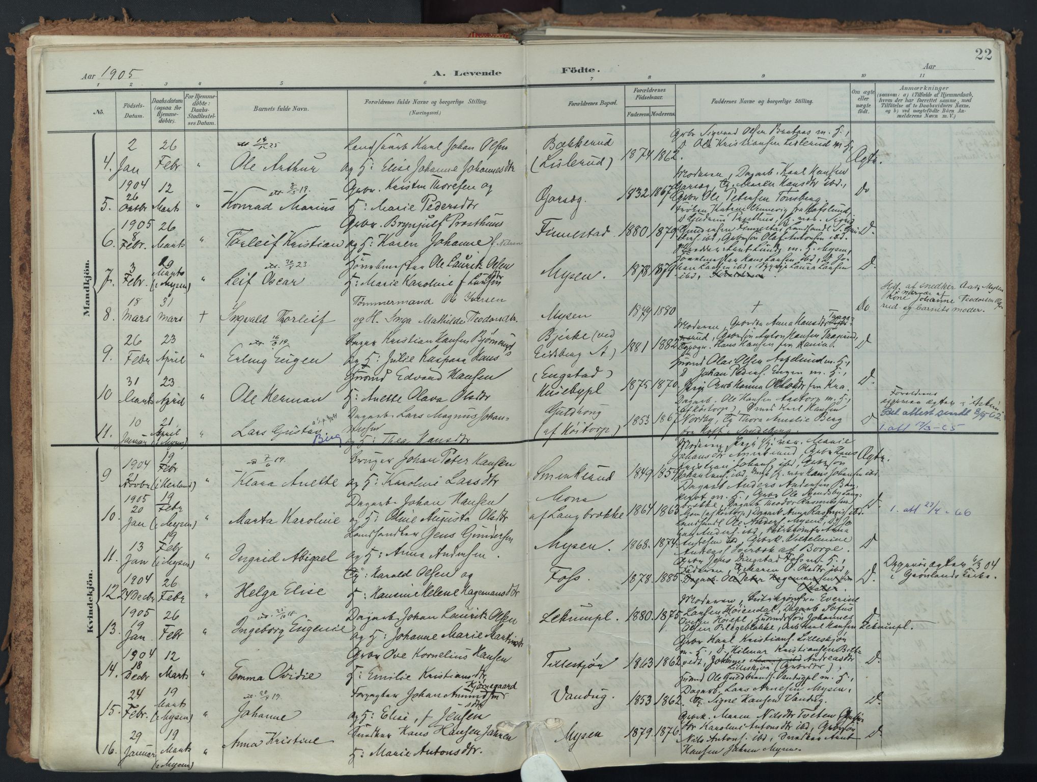 Eidsberg prestekontor Kirkebøker, AV/SAO-A-10905/F/Fa/L0014: Parish register (official) no. I 14, 1902-1919, p. 22
