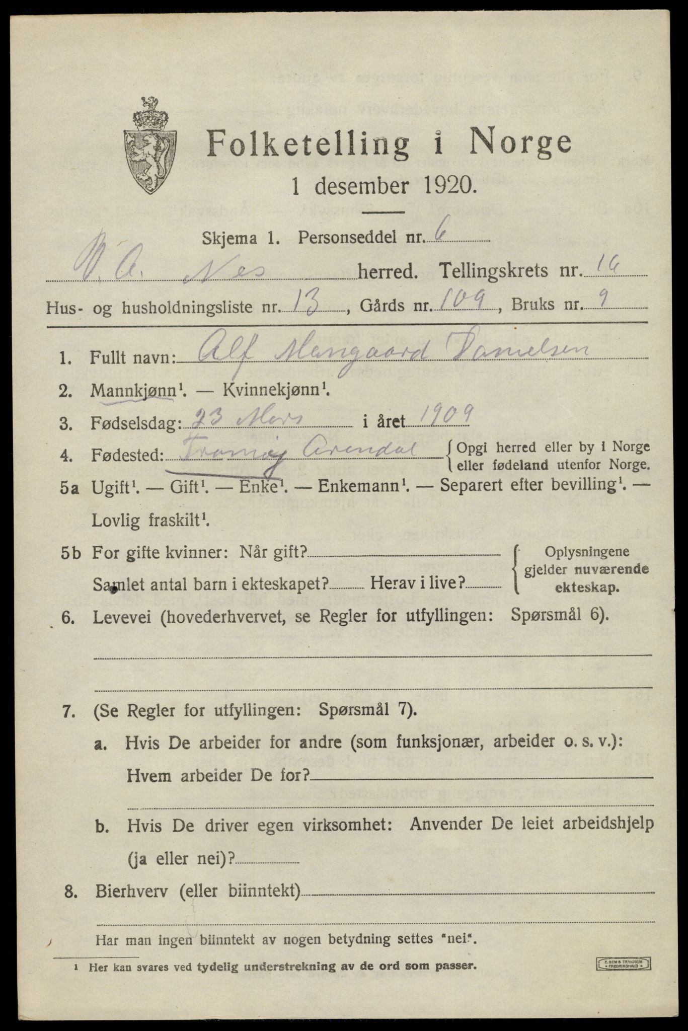 SAK, 1920 census for Nes (V-A), 1920, p. 5884