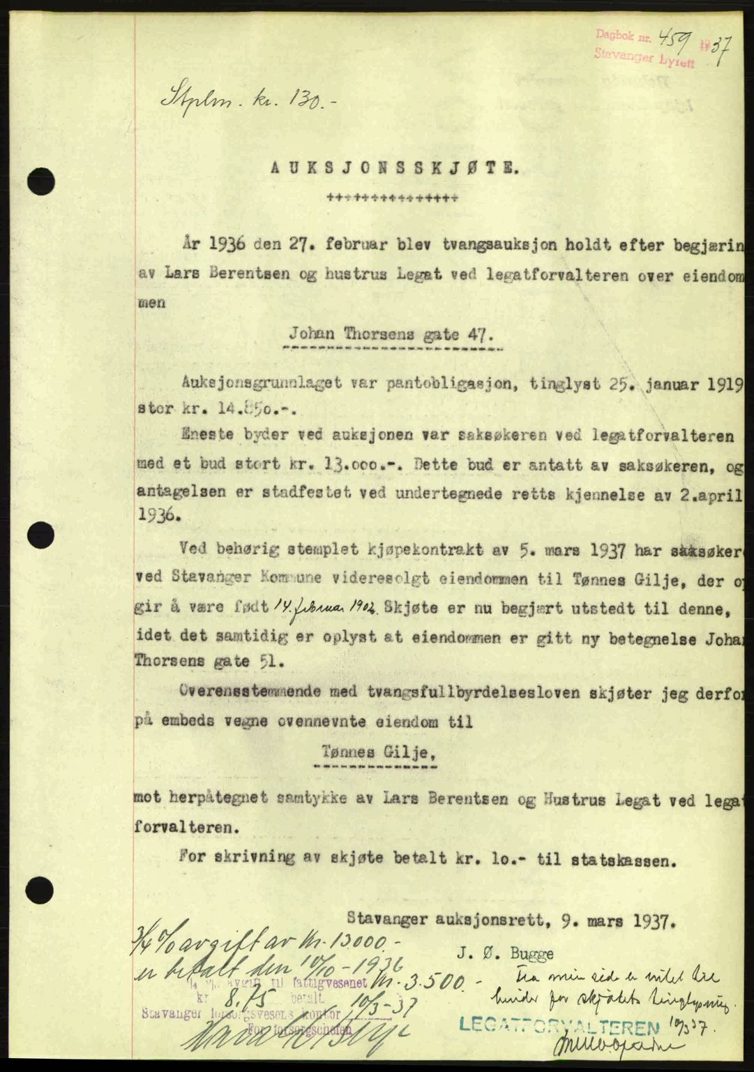 Stavanger byrett, SAST/A-100455/002/G/Gb/L0012: Mortgage book no. A2, 1936-1937, Diary no: : 459/1937