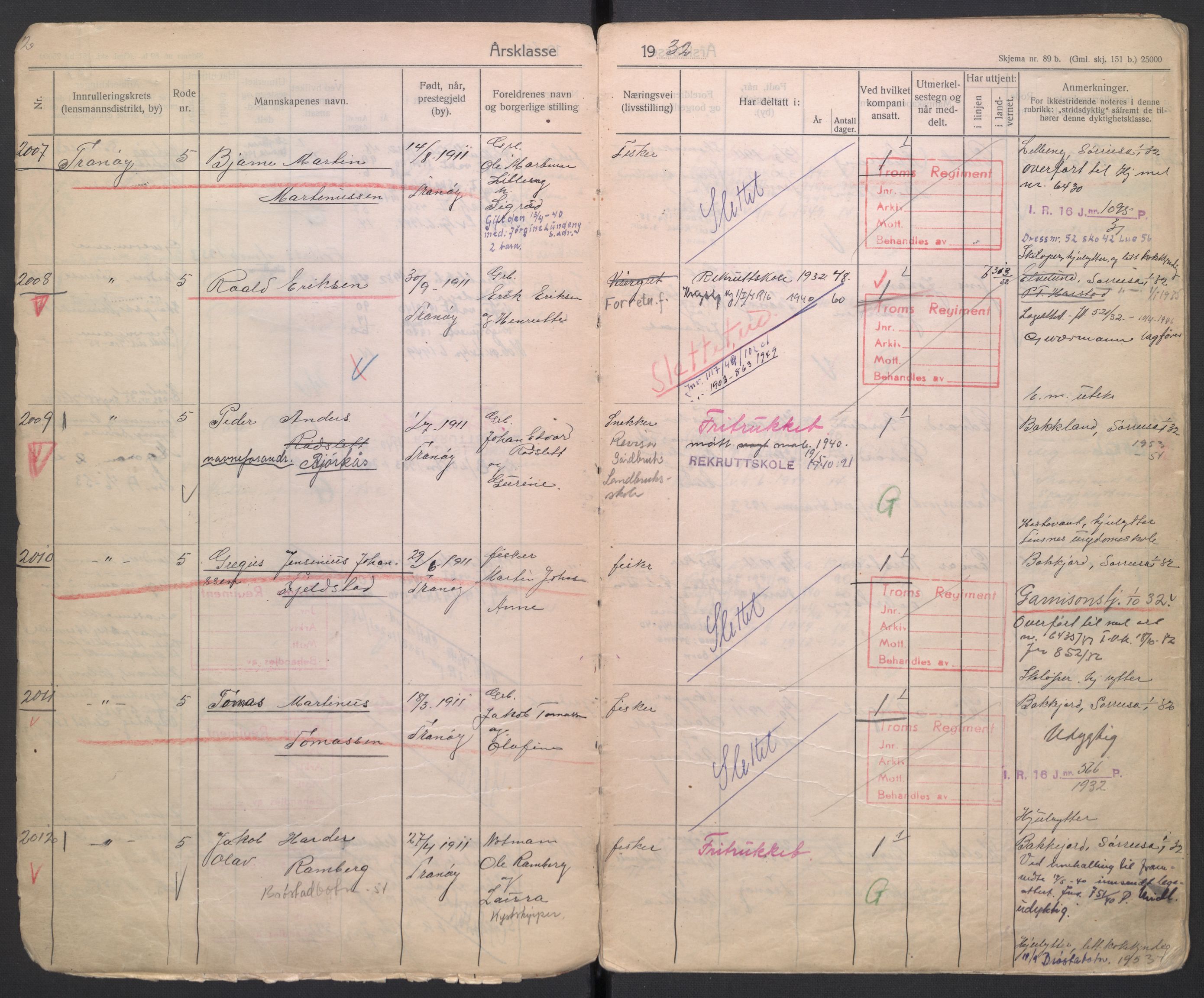 Forsvaret, Troms infanteriregiment nr. 16, AV/RA-RAFA-3146/P/Pa/L0006/0001: Ruller / Rulle for Trondenes bataljons menige mannskaper, årsklasse 1932, 1932, p. 2